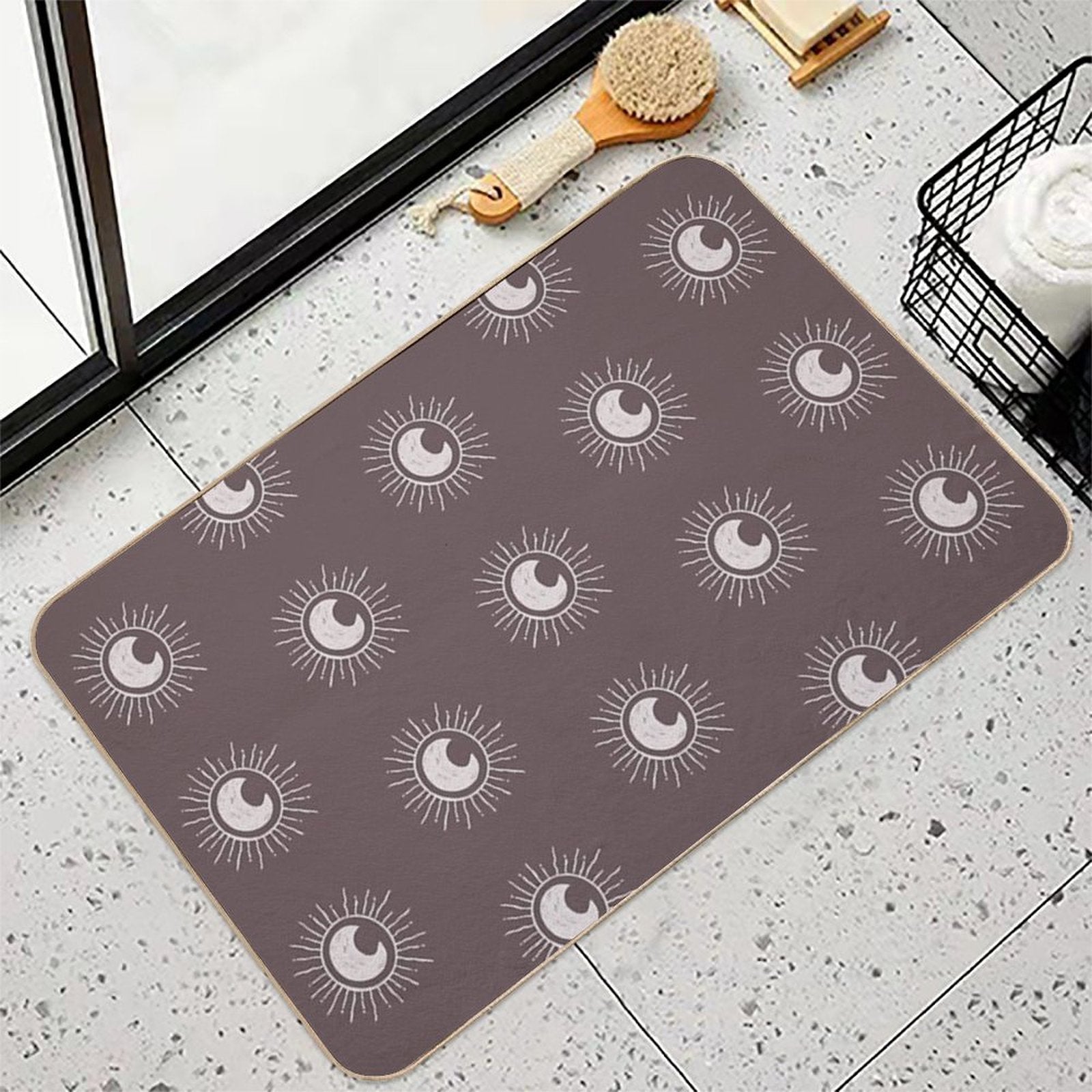 Boho Sun And Moon Pattern Bohemian Aesthetic In Muted Colors Walnut Brown  High-Traffic Bath Mat