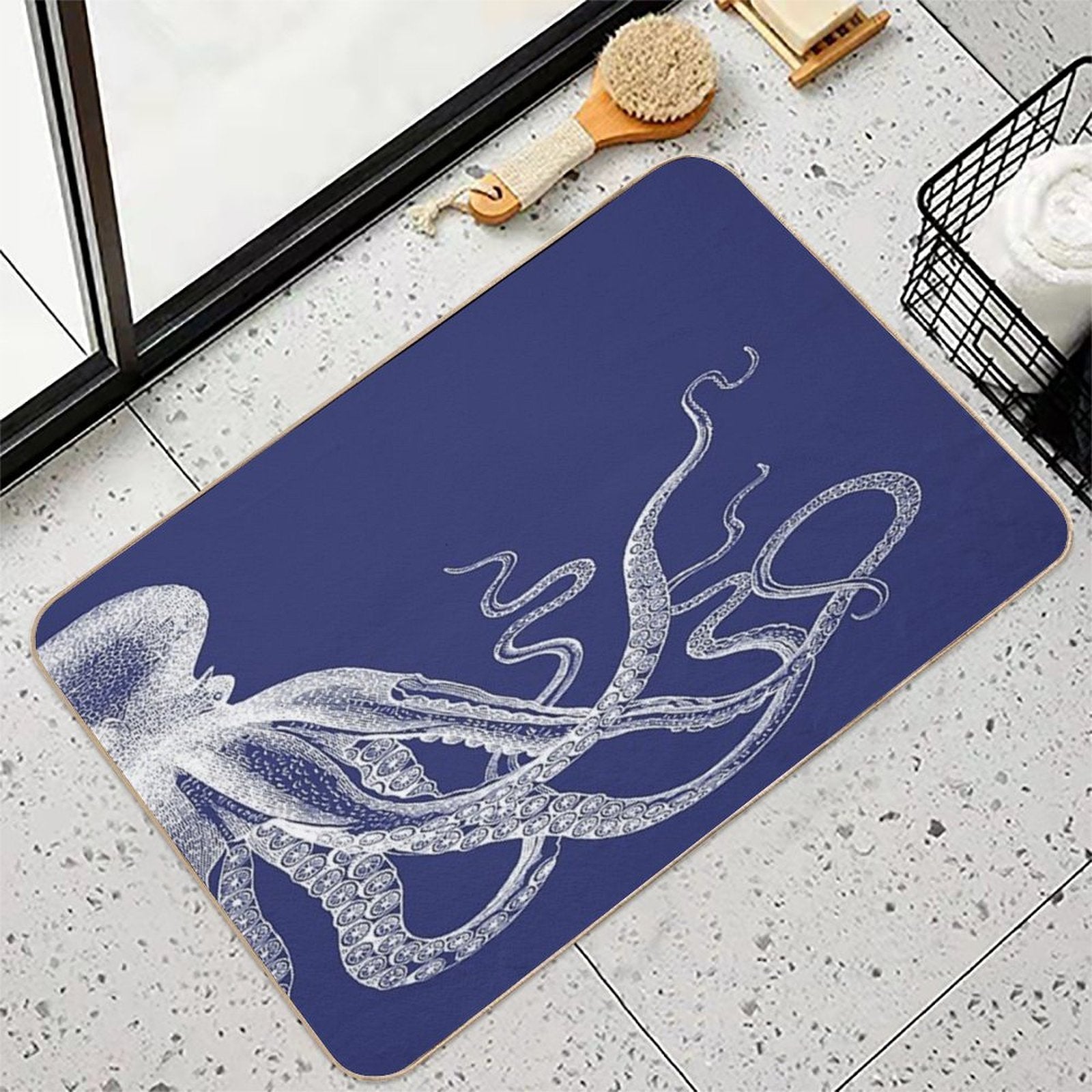 Half Octopus  Right Side  Vintage Octopus  Tentacles  Sea Creatures  Nautical  Ocean  Sea  Beach  Diptych  Navy Blue A  Odorless Bath Mat