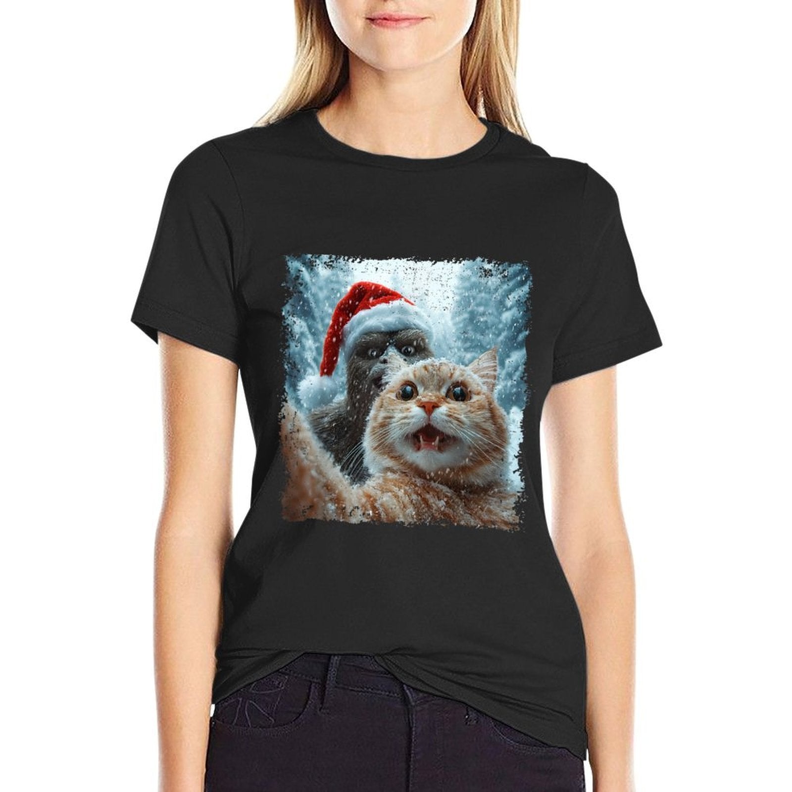 Funny Bigfoot And Cat Christmas Selfie Design  Fade-proof Color T-Shirt