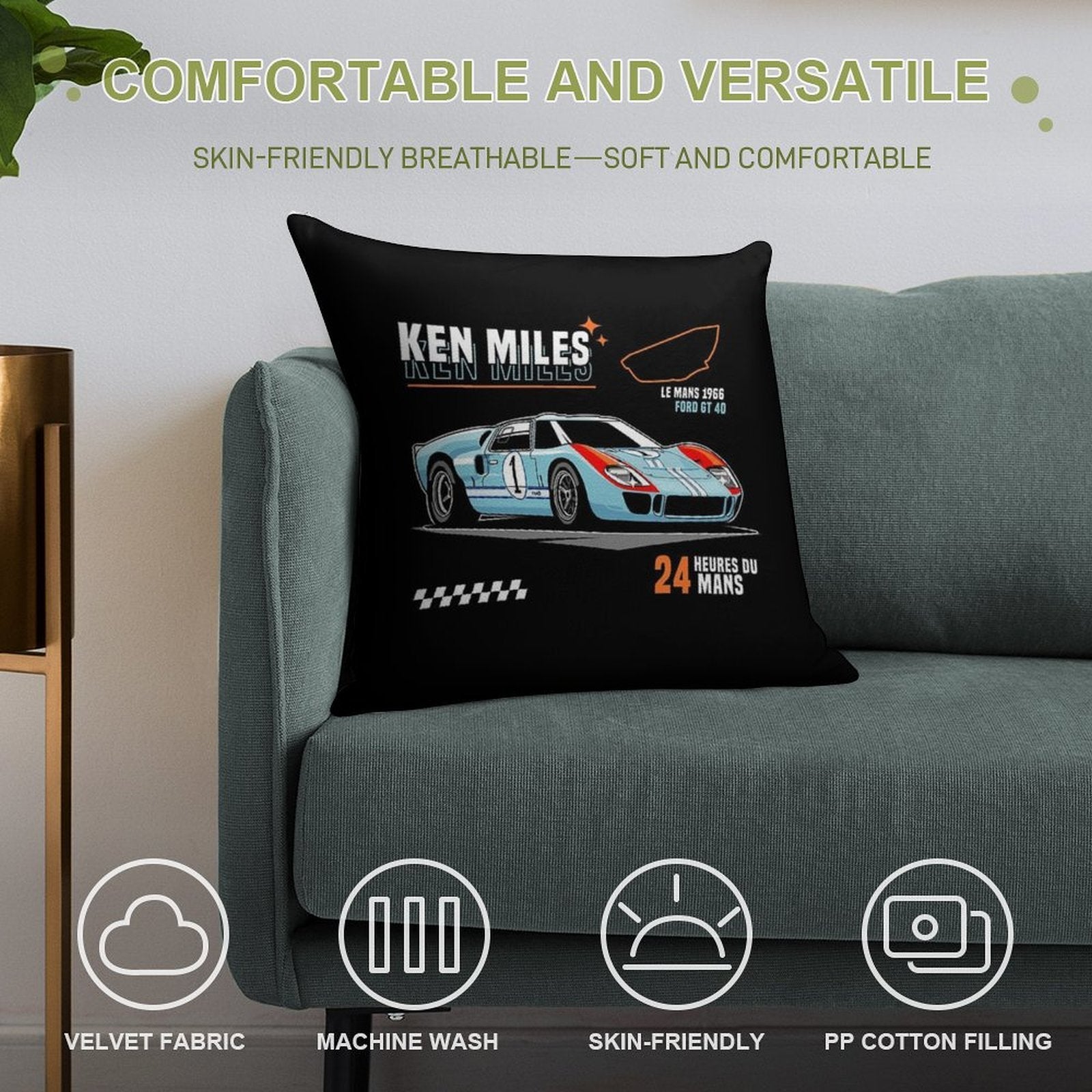 Ford GT40 - Ken Miles Le Mans 1966 Soft Shrink-Resistant Throw Pillow