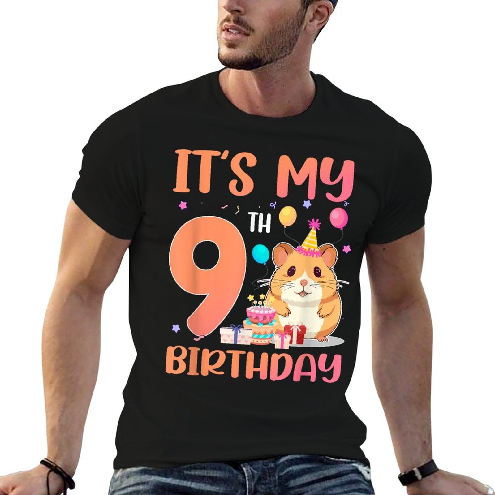 Its My 9th Birthday Cute Hamster 9 Year Old Kids  Oversized Silhouette T-Shirt