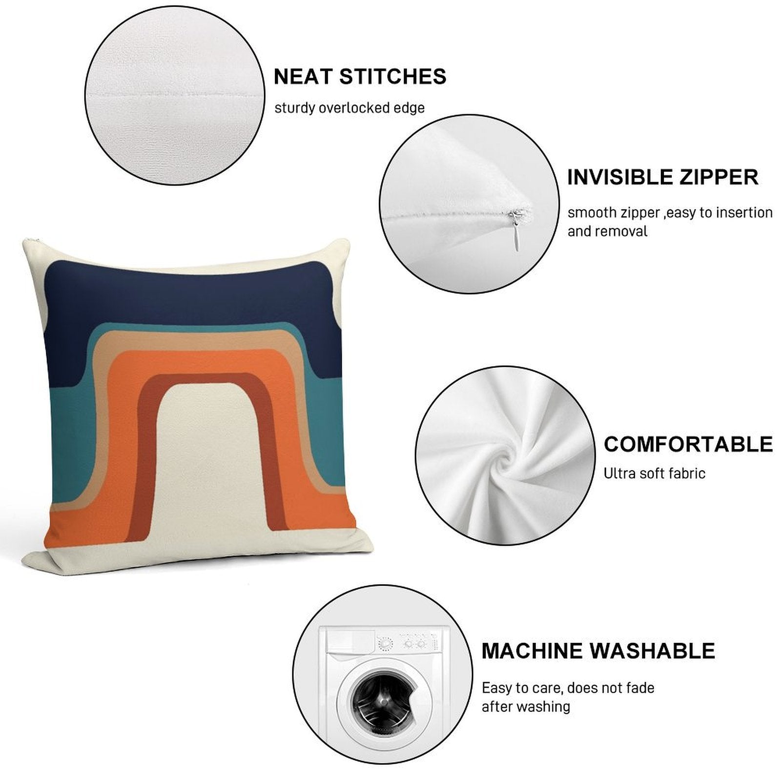 Mid-Century Modern Meets 1970s Orange And Blue Rainbow Soft High-Density Material Throw Pillow