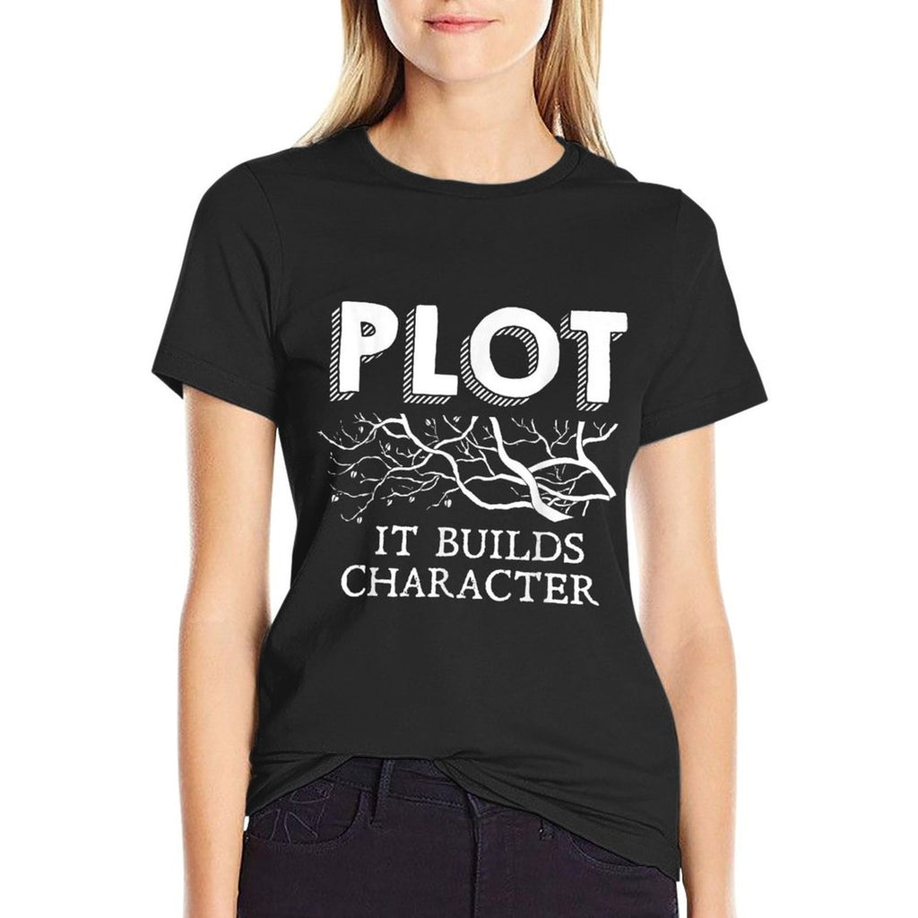 Funny Plot It Builds Character Book Reading Teacher Gift  Ribbed Collar T-Shirt