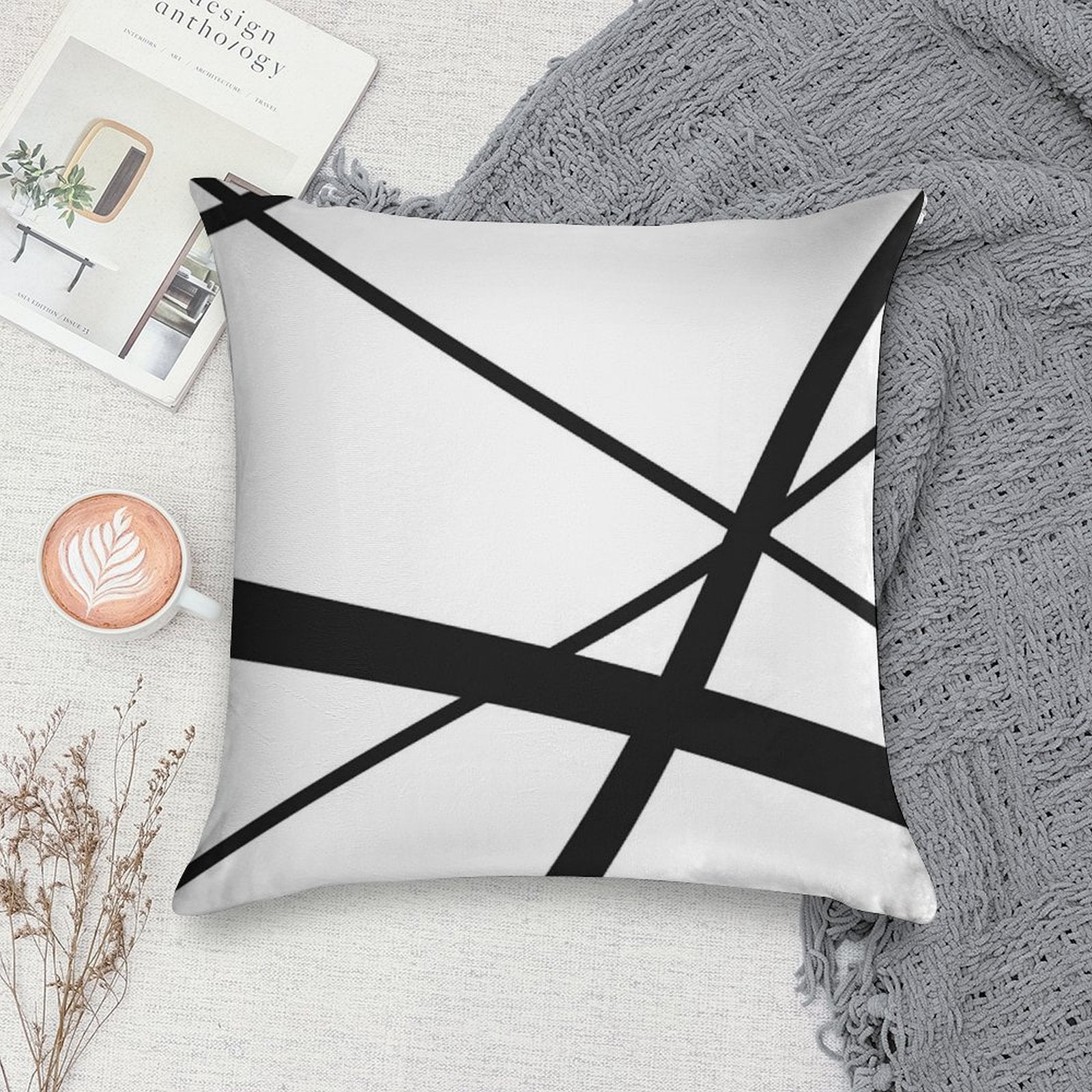 Black And White Geometric Lines Soft Anti-Pilling Throw Pillow