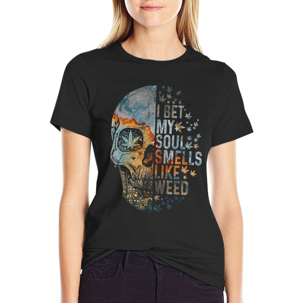 I Bet My Soul Smells Like Weed Skull Cannabis Funny  Oversized Silhouette T-Shirt