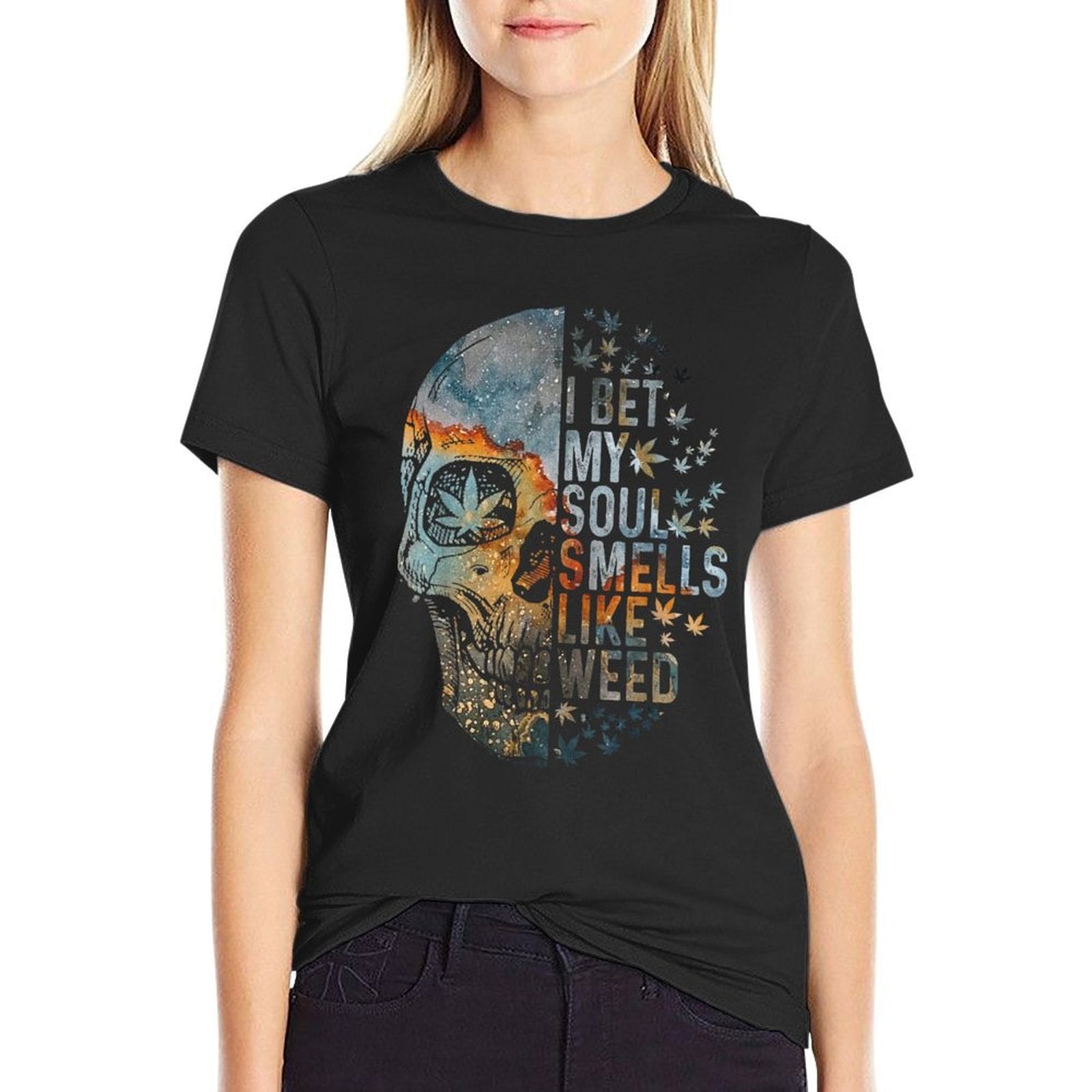 I Bet My Soul Smells Like Weed Skull Cannabis Funny  Oversized Silhouette T-Shirt