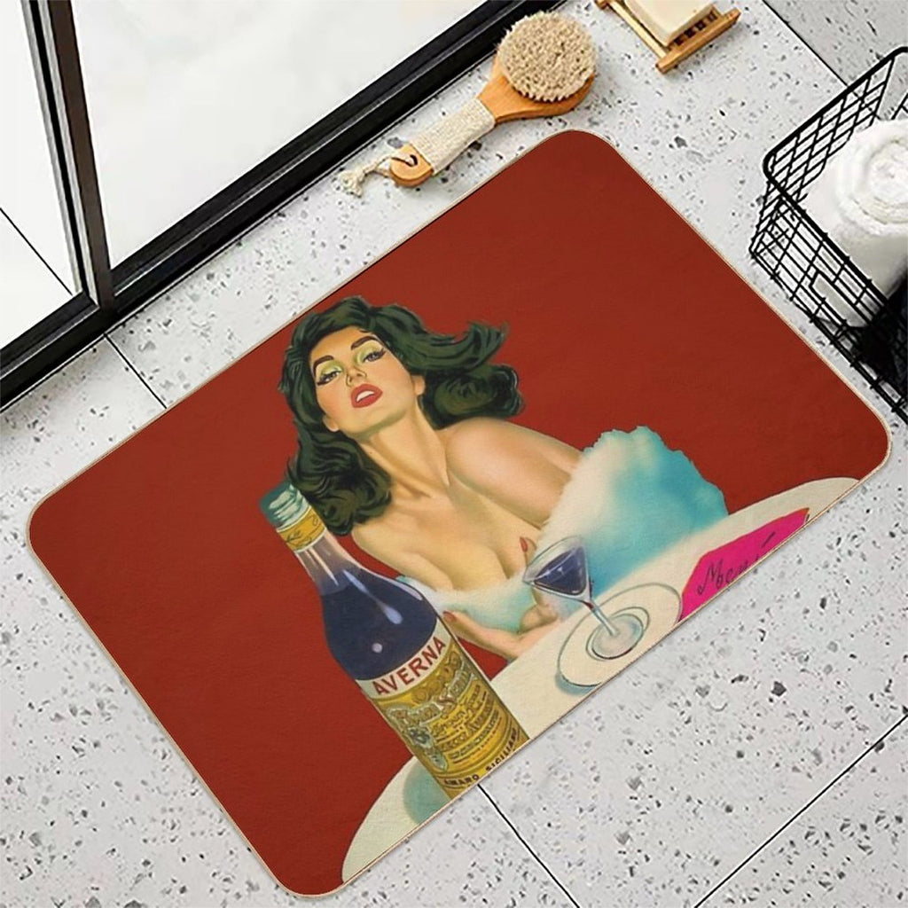 Vintage Italian Liqueur Averna Amaro Sicilia Aperitif Alcoholic Bevarage Advertising Brunette Sitting at Cafe Table Advertisemen  Non-Slip Bath Mat