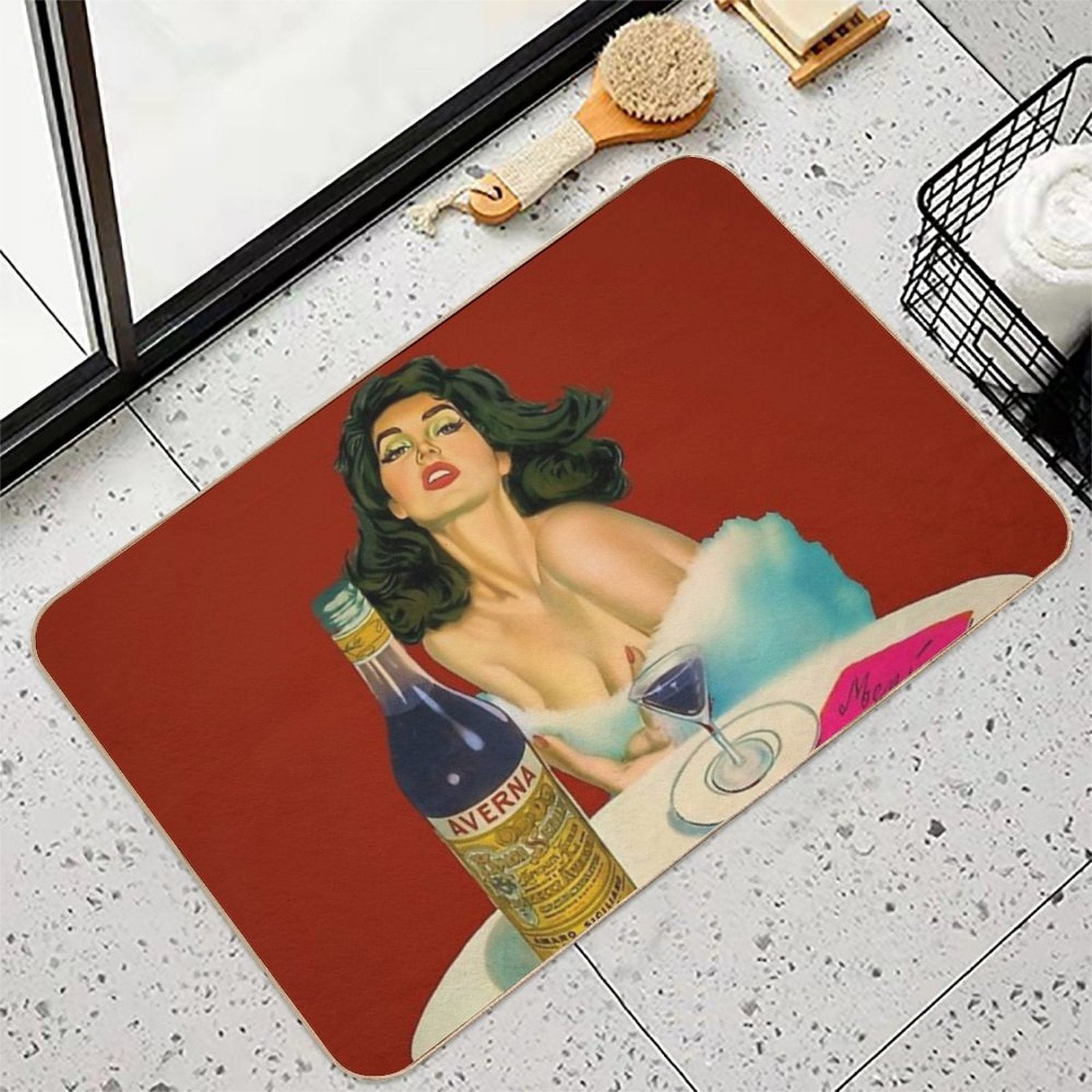 Vintage Italian Liqueur Averna Amaro Sicilia Aperitif Alcoholic Bevarage Advertising Brunette Sitting at Cafe Table Advertisemen  Non-Slip Bath Mat
