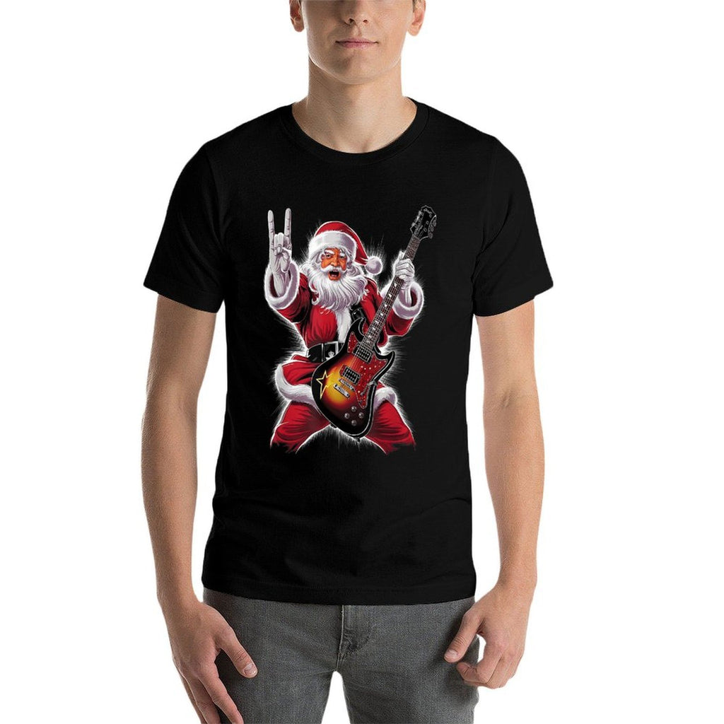 Rock  Roll Christmas Santa Claus Guitar Player  Ribbed Collar T-Shirt