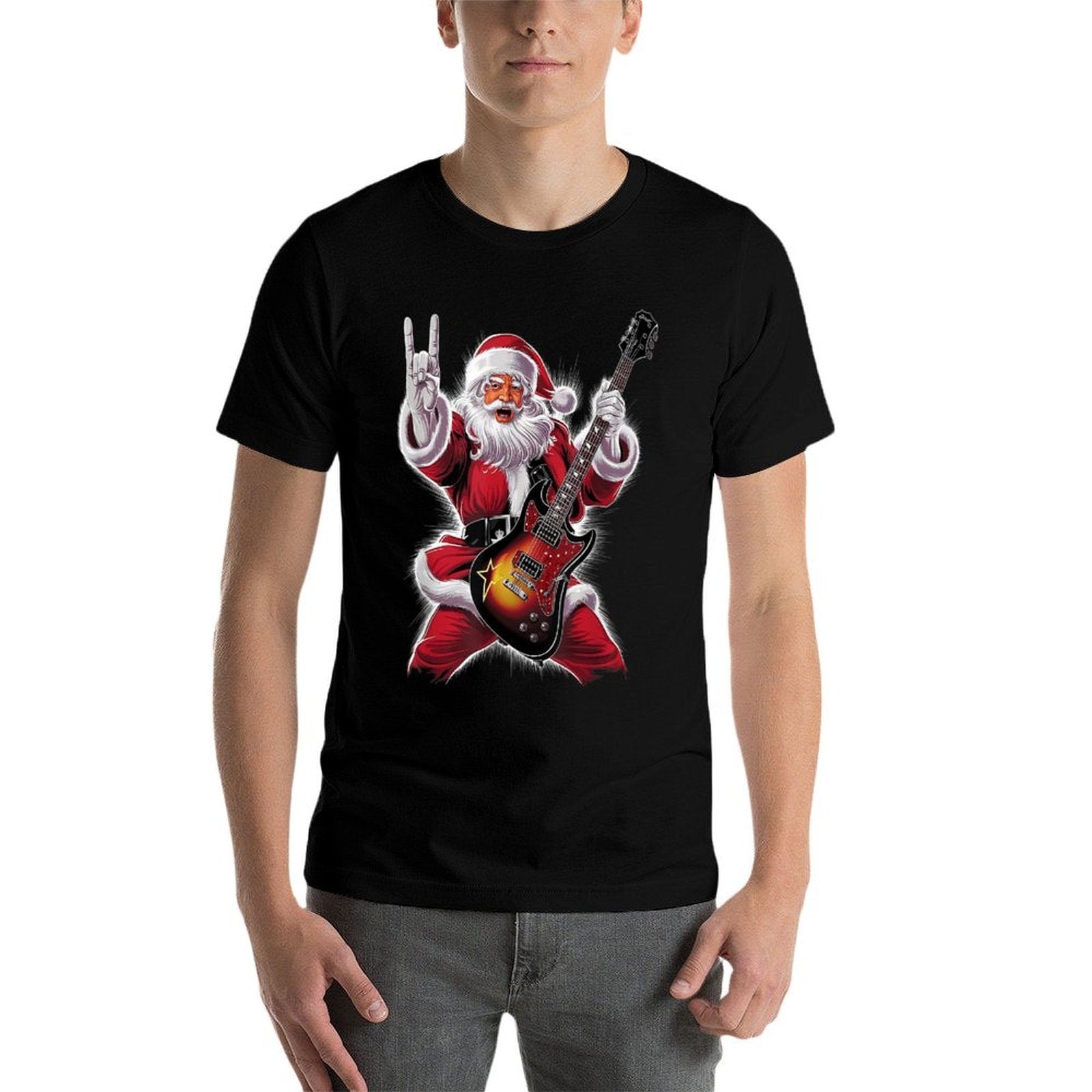 Rock  Roll Christmas Santa Claus Guitar Player  Ribbed Collar T-Shirt