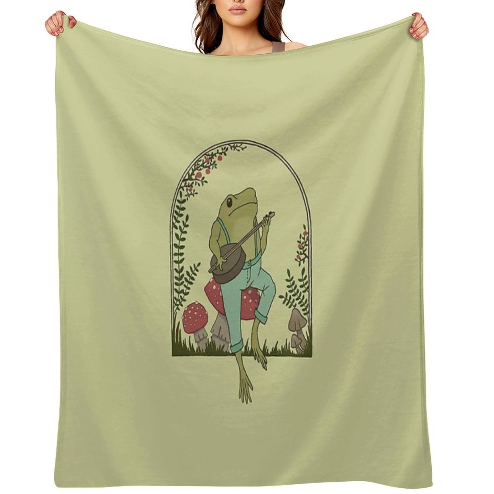 Cottagecore Aesthetic Frog Playing Banjo on Mushroom Cute Vintage Goblincore Farmer Toad in Garden, Emo Grunge Fairycore Plush Throw Blanket