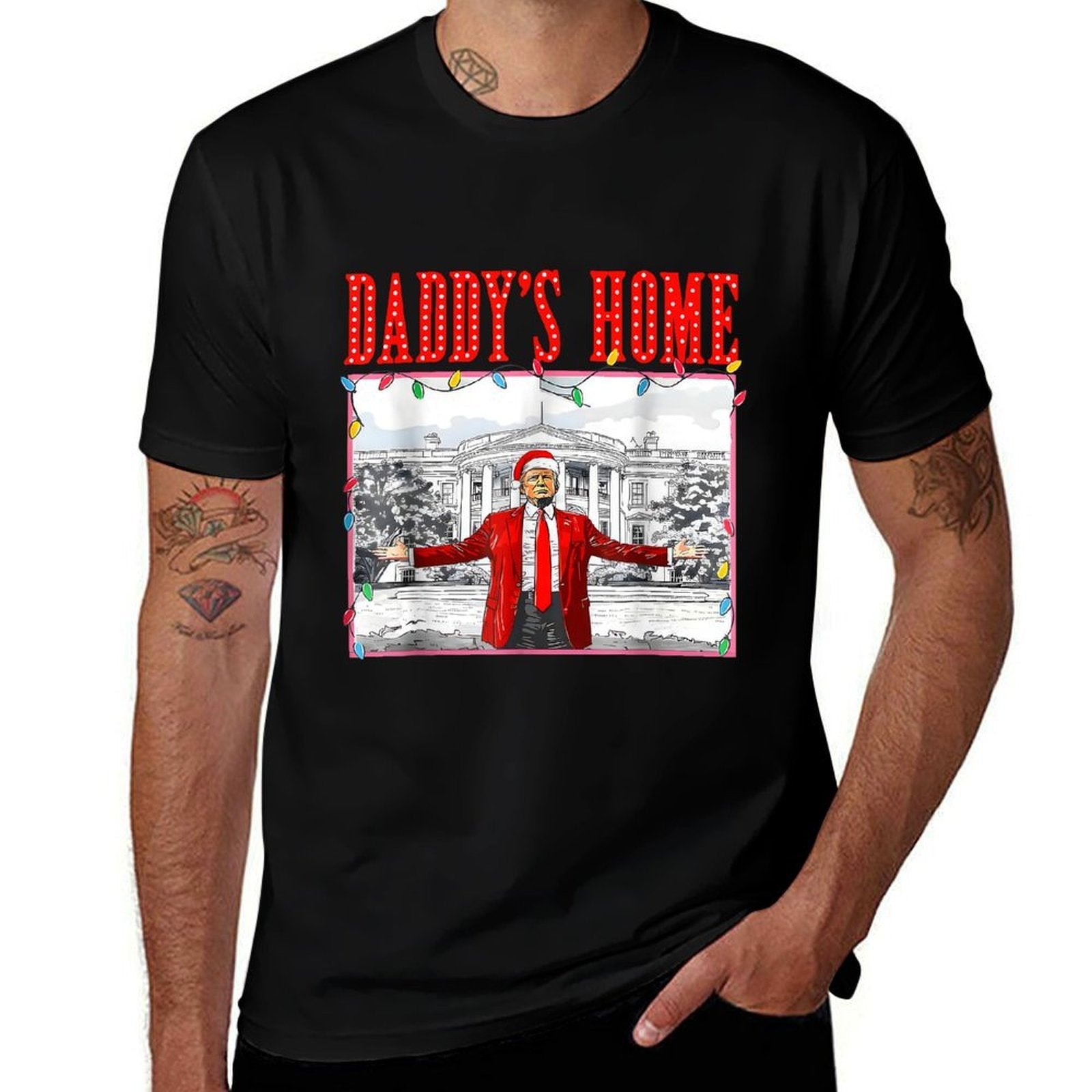 Daddys Home For Christmas Trump Santa Hat Xmas Light  Soft T-Shirt