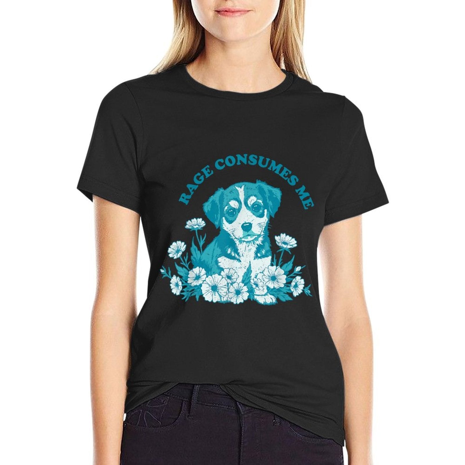 Rage Consumes Me Cute Puppy Dog Flower Funny Meme Men Women  Stretchy T-Shirt