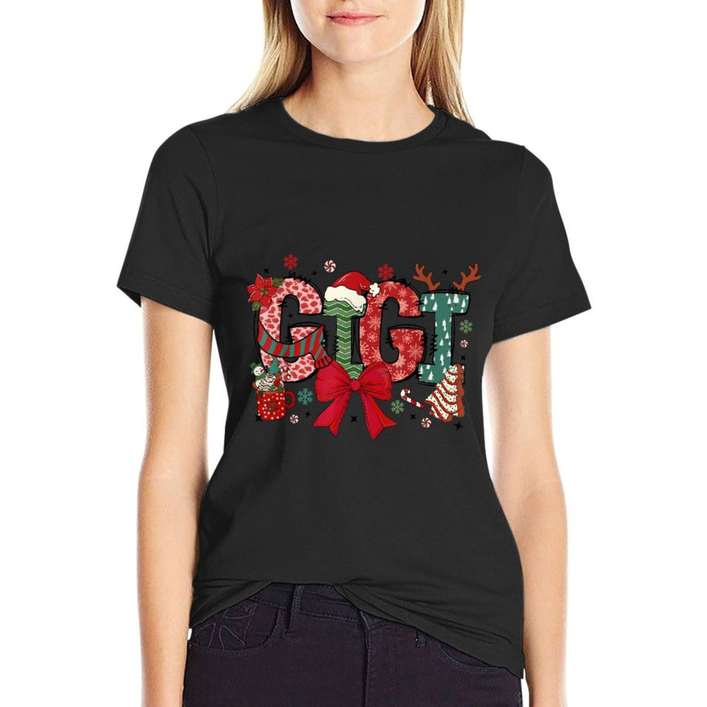 Christmas Bow Gigi Claus Reindeer Xmas Tree Cake Comfortable T-Shirt