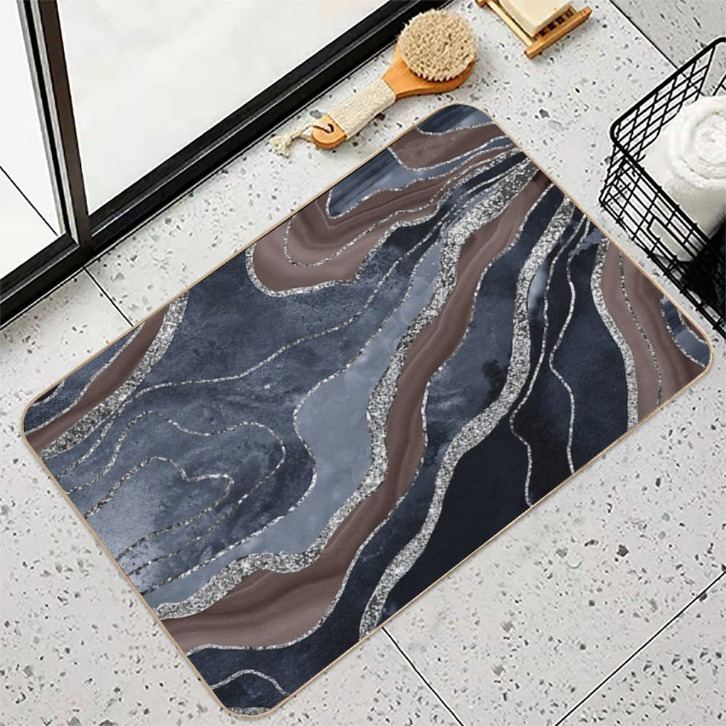Navy Blue Brown Marble Agate Silver Glam #1 (Photo of Glitter Only - Not Reflective)  Pet-Safe Bath Mat