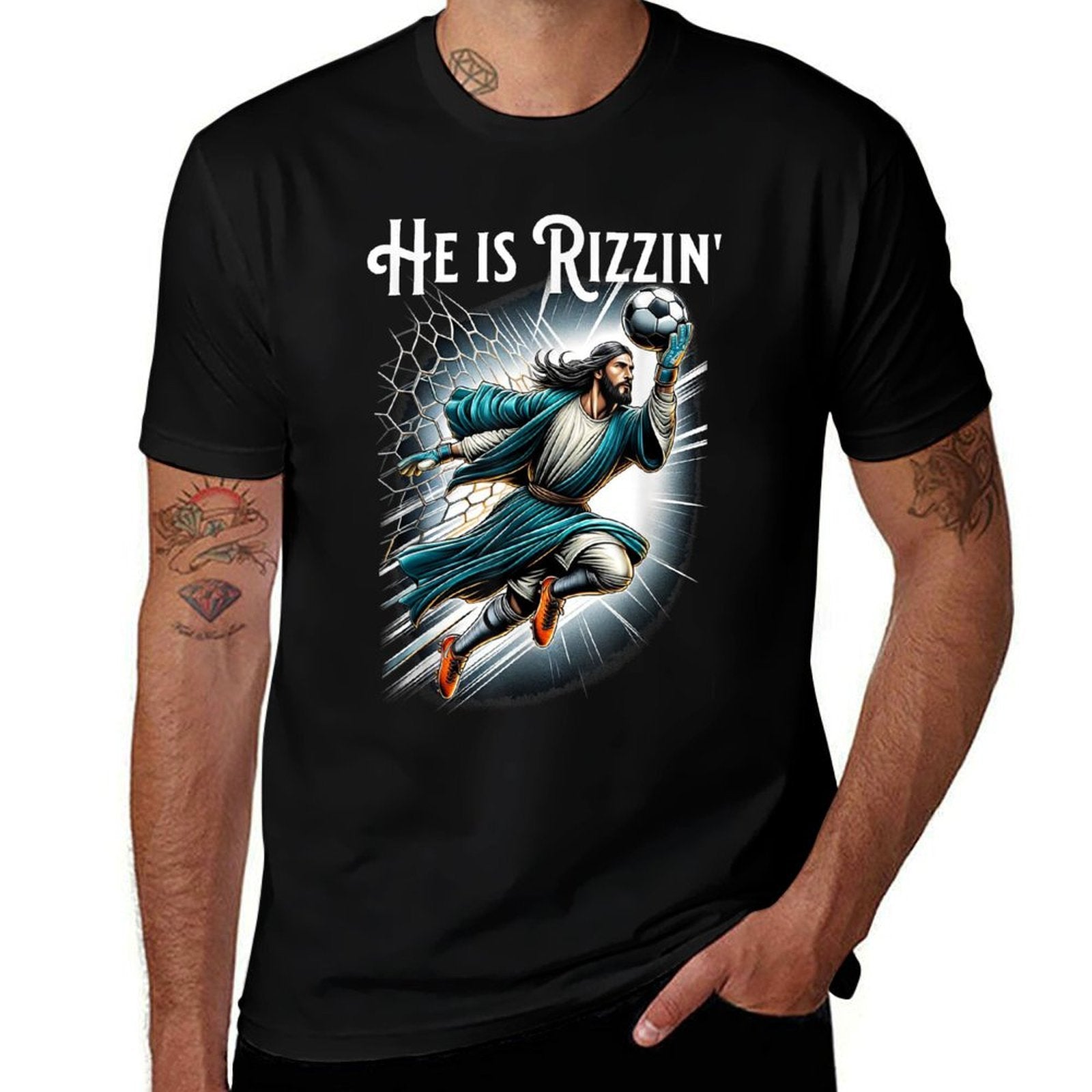 Rizzen Funny Sports Rizz He Is Rizzin Jesus Playing Soccer  Vintage-inspired T-Shirt