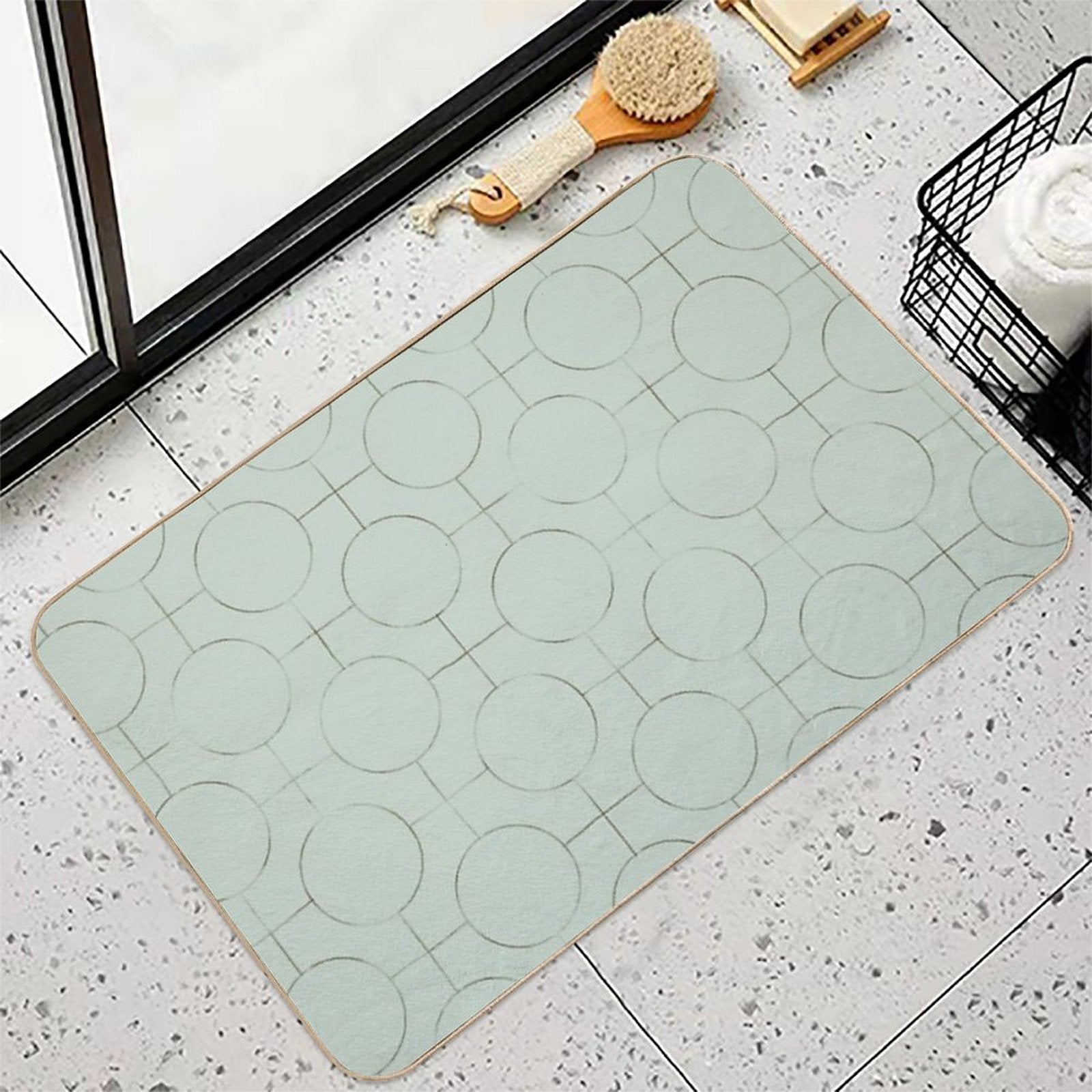 Mint Green Polka Dot Minimalist Pattern. Pencil Sketch Circles And Grid. Modern Japandi  Anti-Trip Bath Mat