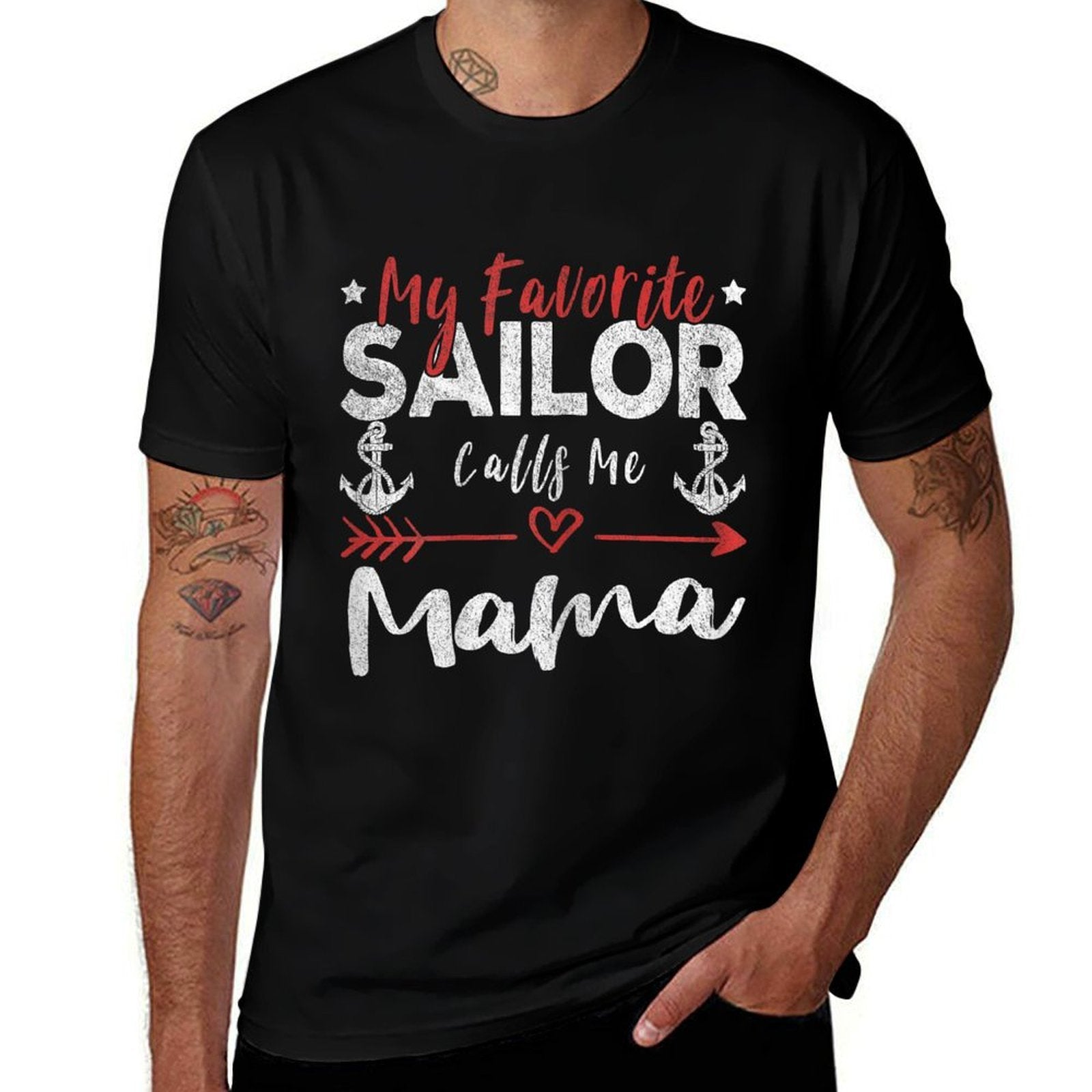 My Favorite Sailor Calls Me Mama Sailor’s Mom  Ribbed Collar T-Shirt
