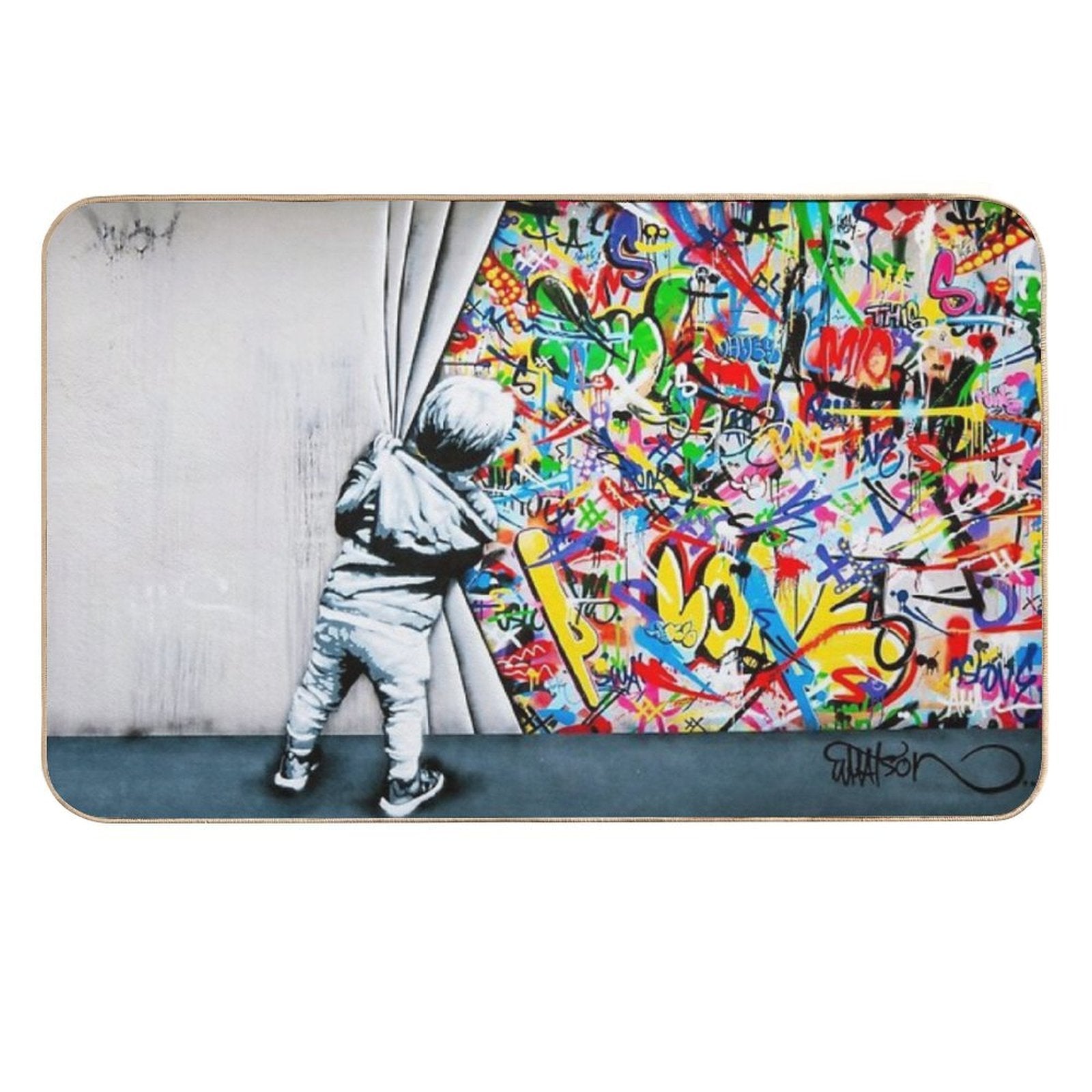 Behind The Curtain Boy - Colorful Graffiti Pop Art - Banksy Street Art Mural  Toxin-Free Bath Mat