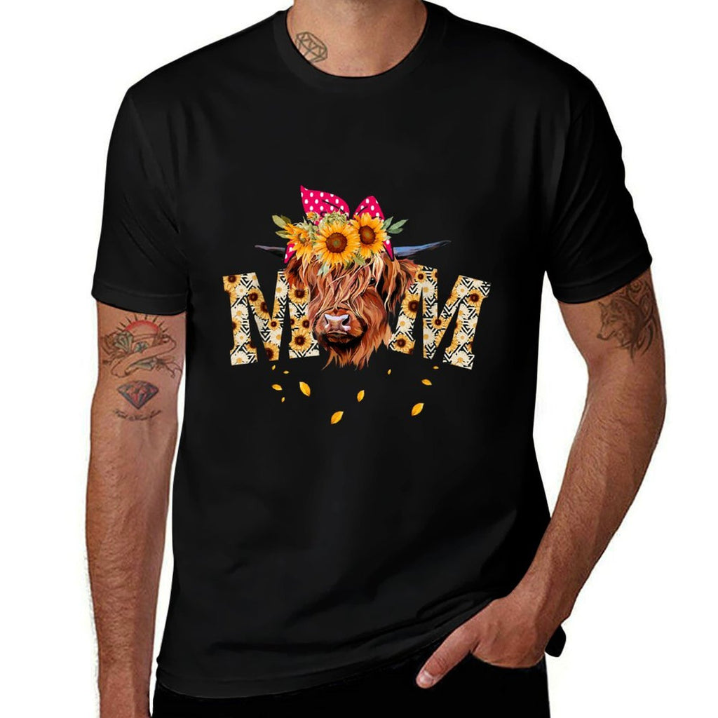 Vintage Sunflower Highland Cow Mom Heifer Mom Messy Bun Mom  Odor-resistant T-Shirt