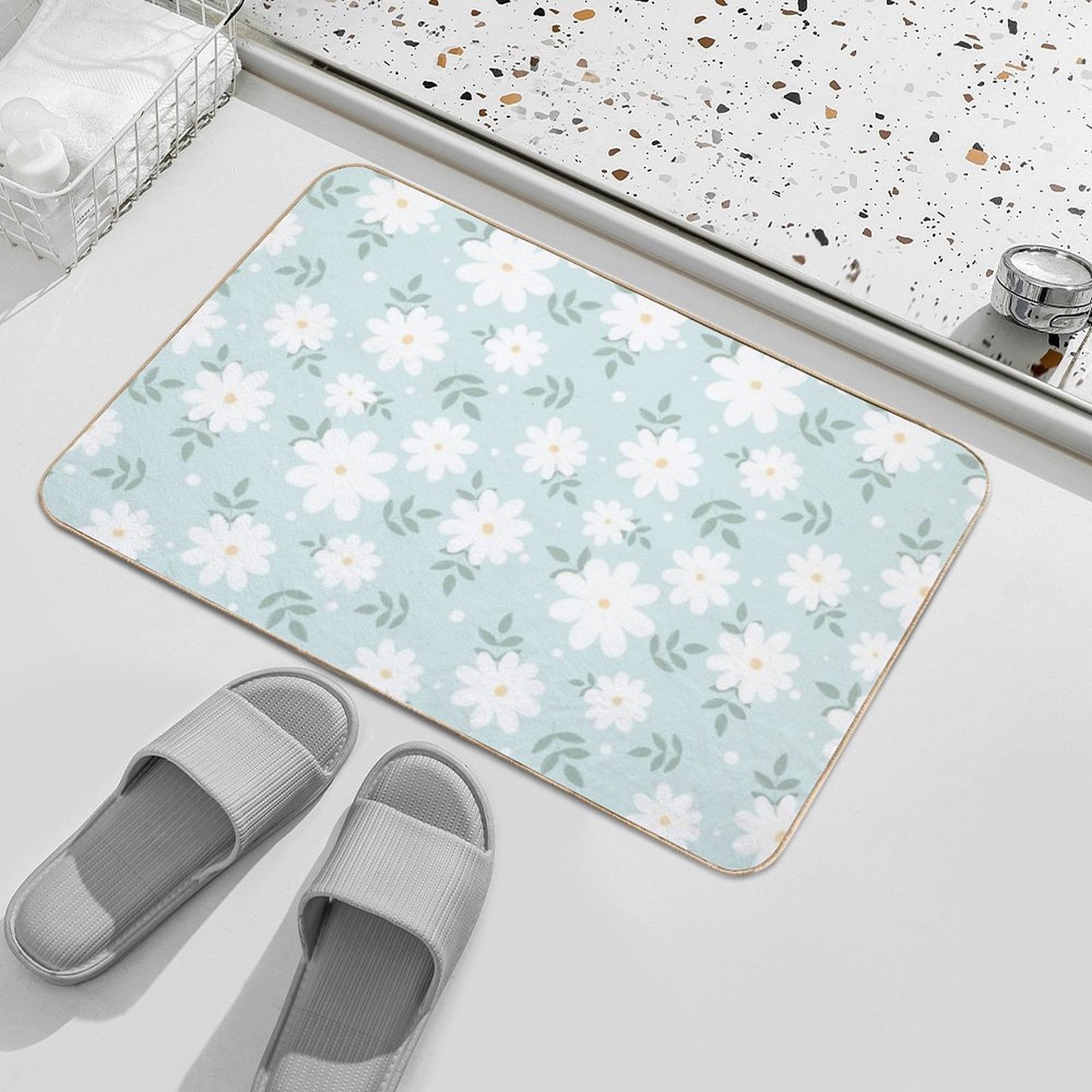 Cute Daisies on A Soft Green Background  Slip-Resistant Bath Mat