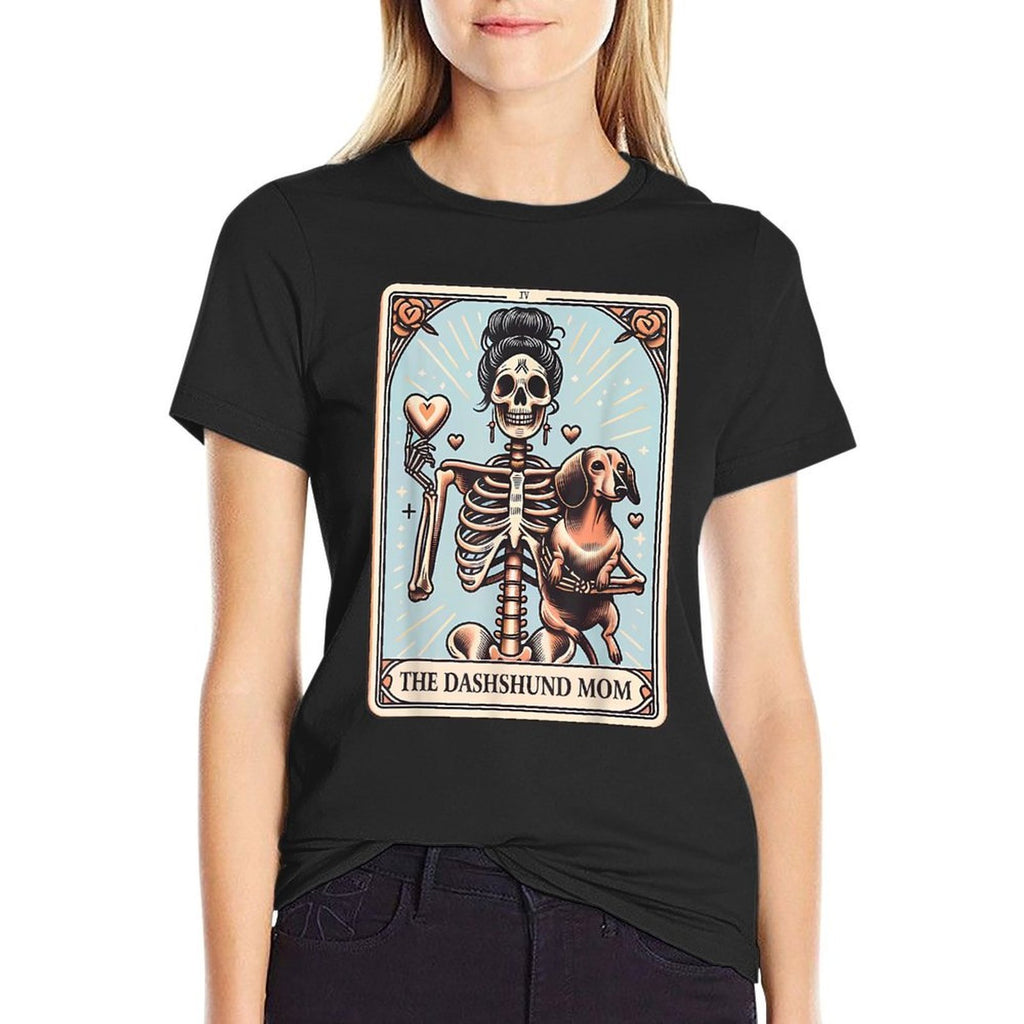 Valentines Day Dachshund Mom Tarot Card Skeleton Doxie Mama  Rolled Sleeves T-Shirt