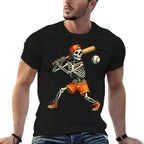 Funny Skeleton Batting Baseball Halloween Boys Men Kids  Cotton T-Shirt