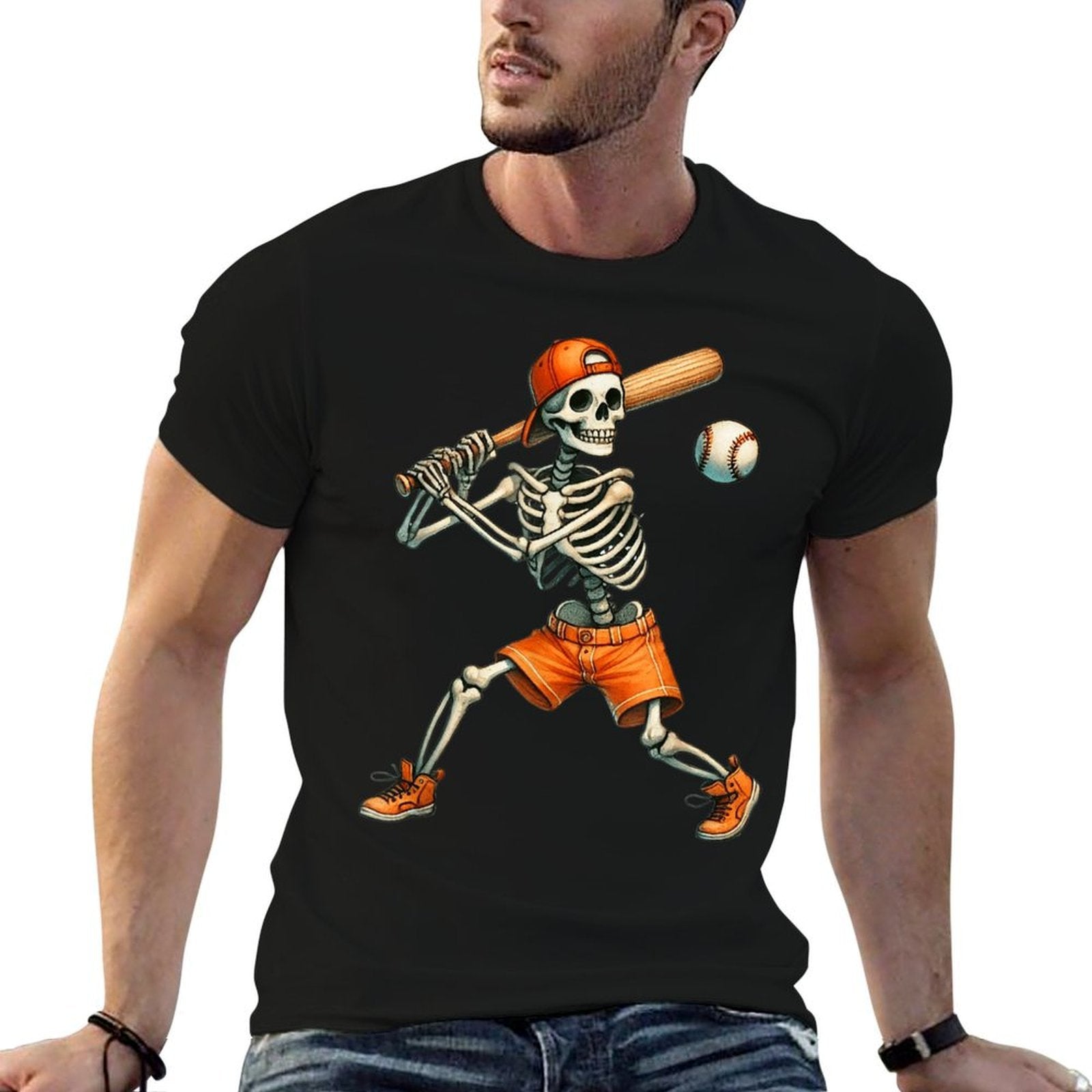 Funny Skeleton Batting Baseball Halloween Boys Men Kids  Cotton T-Shirt