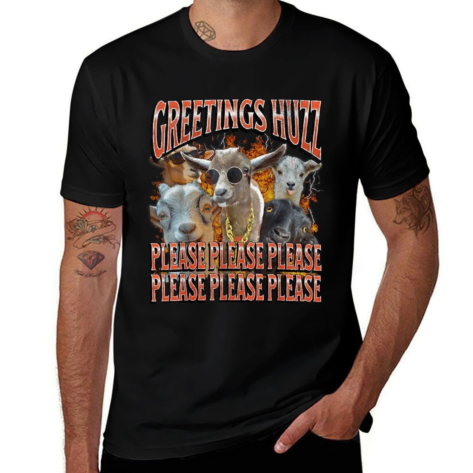 Greetings Huzz Funny Goat Adult Humor Meme Bootleg  High-quality Stitching T-Shirt