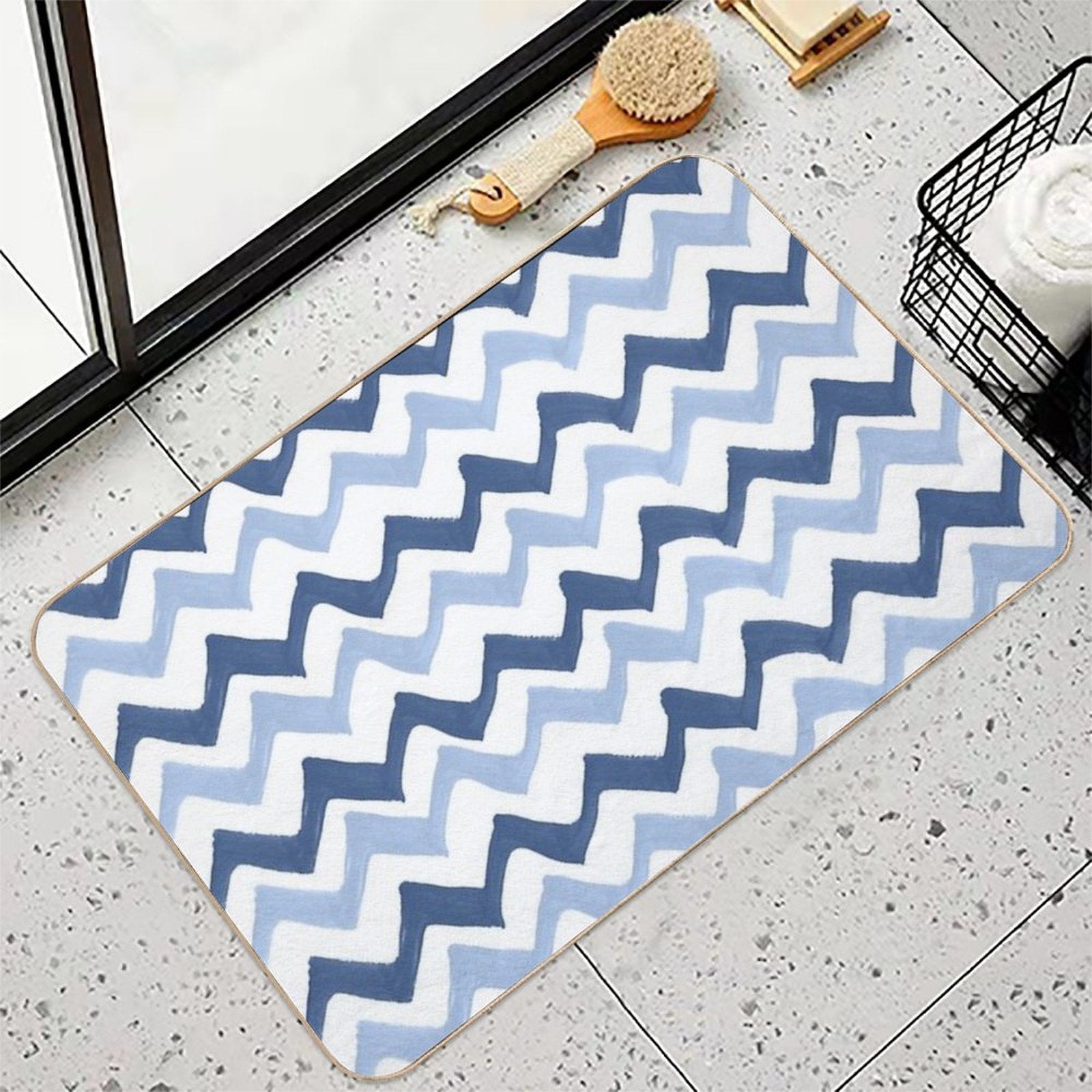 Wavy Brush Stroke Pattern Indigo & Pale Blue Durable Bath Mat
