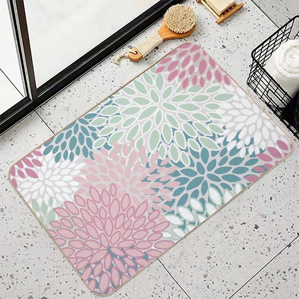 Soft Flower Pattern, Pink, Green, Teal And White  Easy To Clean Bath Mat