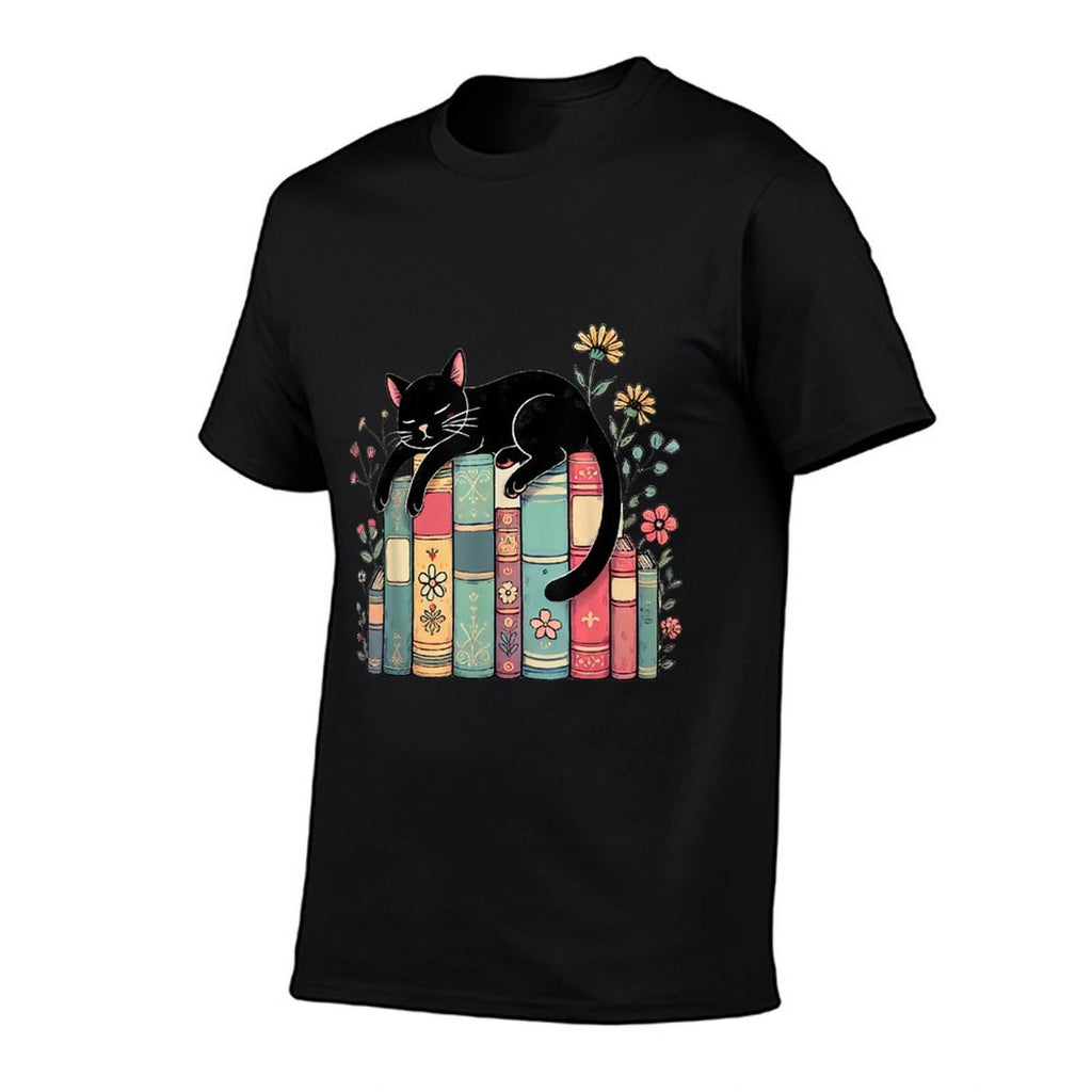 Floral Black Cat Sleeping On Books for Men Women Kids  Rolled Sleeves T-Shirt