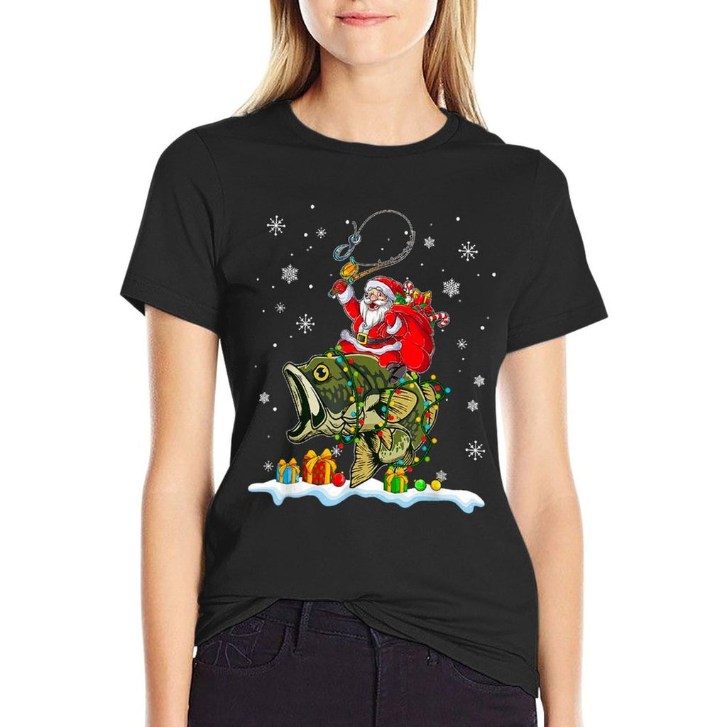 Christmas Bass Fishing Funny Santa Riding Fish Fishermen PJ  Relaxed-fit T-Shirt