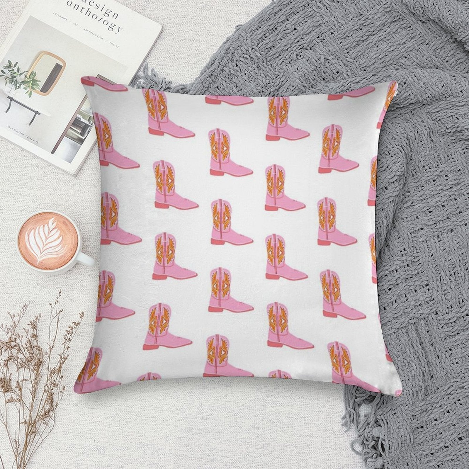 Pink Dolly Cowboy Boot Soft Home Decor Throw Pillow