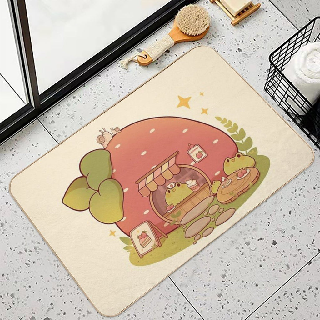 Strawberry Bakery Shop with Frogs  Repositionable Bath Mat