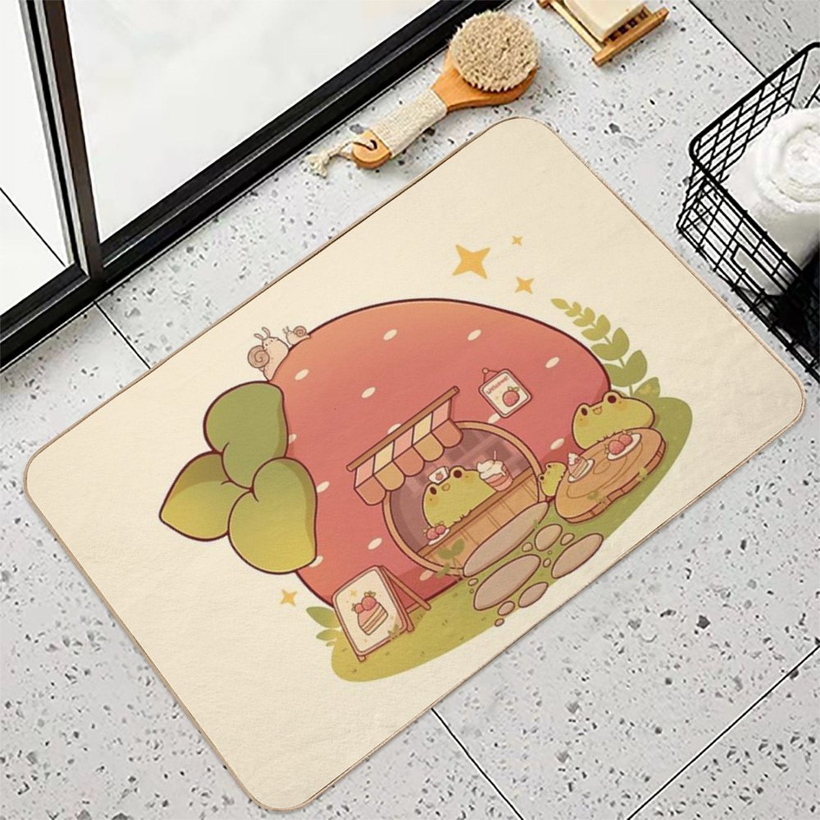 Strawberry Bakery Shop with Frogs  Repositionable Bath Mat