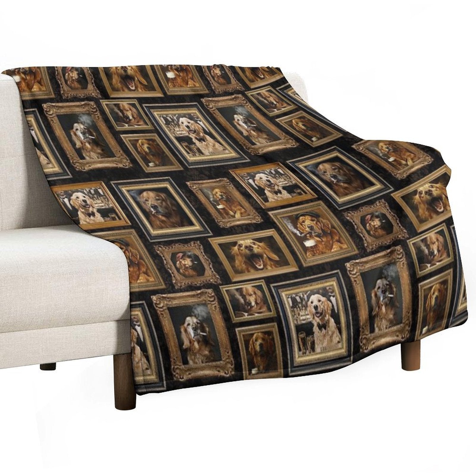 Vintage Museum Wall - Whimsical Smoking Drinking Beer Golden Retriever Famous Dog Portraits by Great Masters Black Damask Nightg Compact Throw Blanket