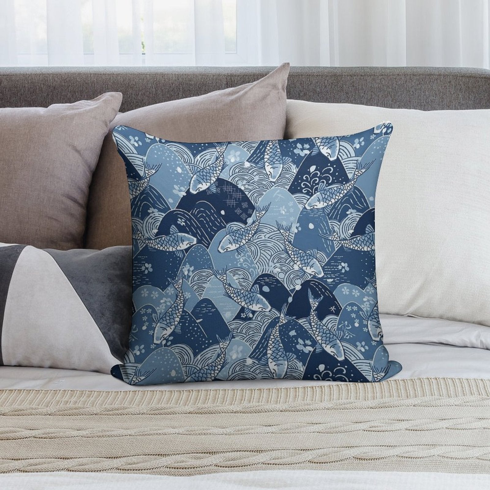 Japanese Koi Mountain Pattern Soft Durable Construction Throw Pillow