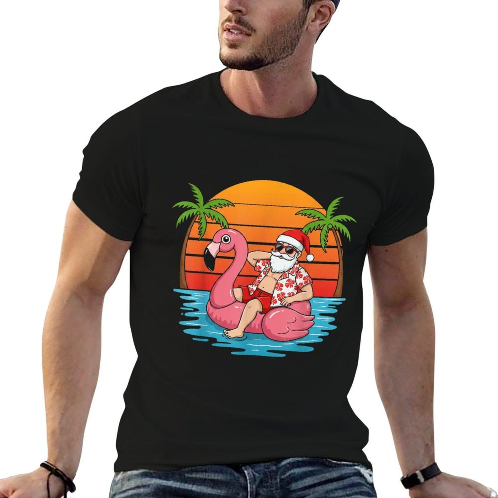 Funny Christmas in July Flamingo Santa  Tagless Design T-Shirt
