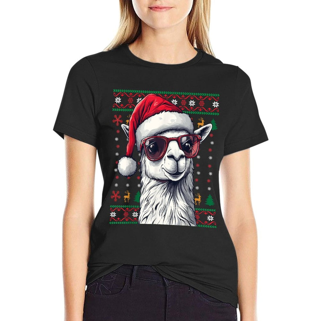 Llama Santa Hat Ugly Christmas Funny Holiday Llama Lover  Cotton T-Shirt