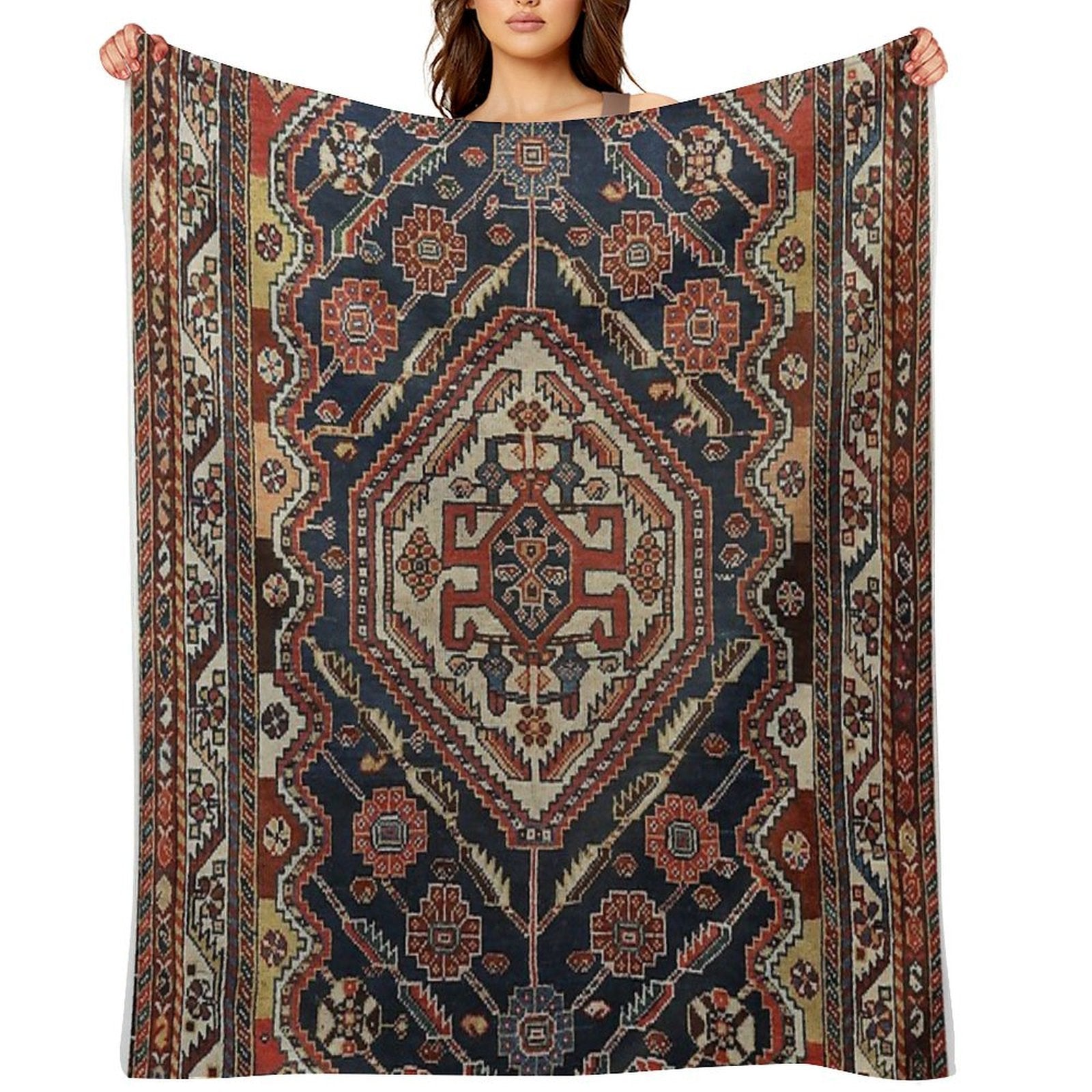 Persian Qashqai Old Century Authentic Colorful Aztec Royal Blue Red Vintage Patterns Easy Care Throw Blanket
