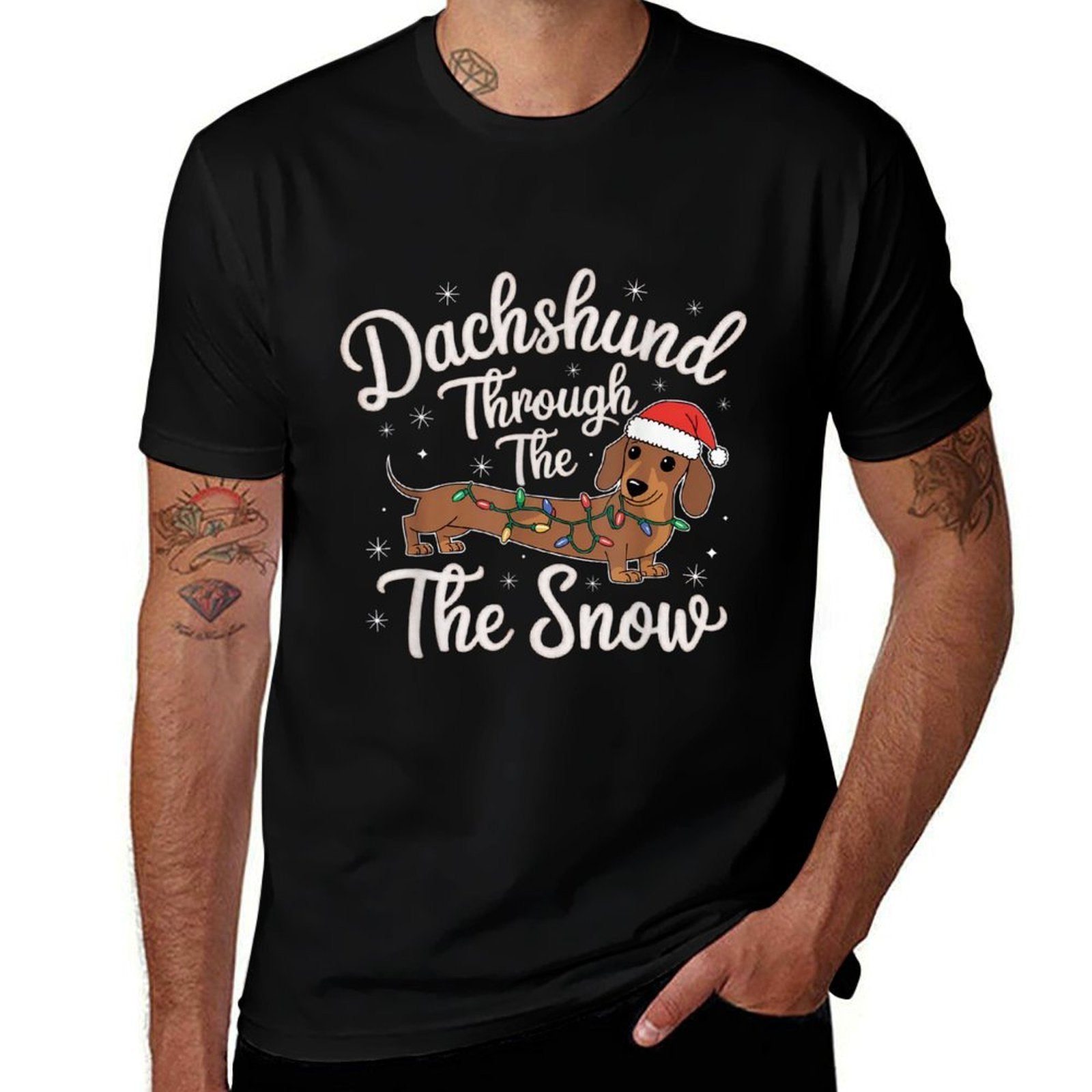 Holiday Dachshund Decor Dachshund Through The Snow Christmas Decor for Dog Lovers Unisex-Adults  Kids Black Small  Oversized Silhouette T-Shirt