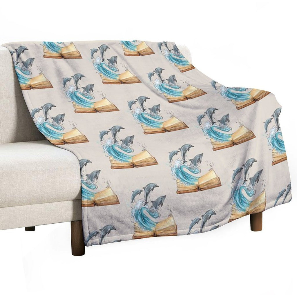 Dolphins Jumping from Old Book Watercolor Illustration Eco-conscious Throw Blanket