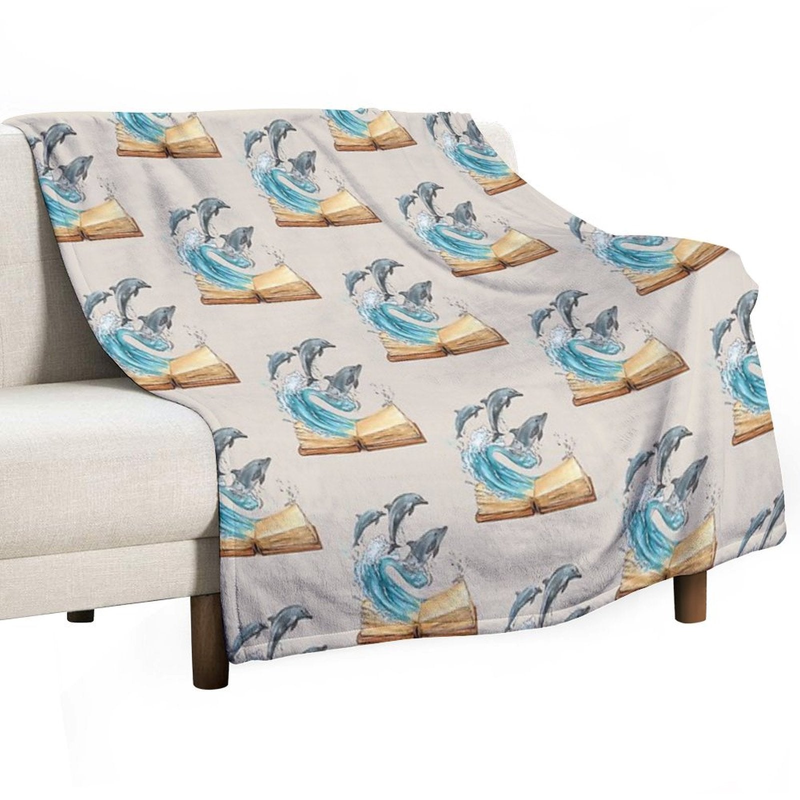 Dolphins Jumping from Old Book Watercolor Illustration Travel-friendly Throw Blanket