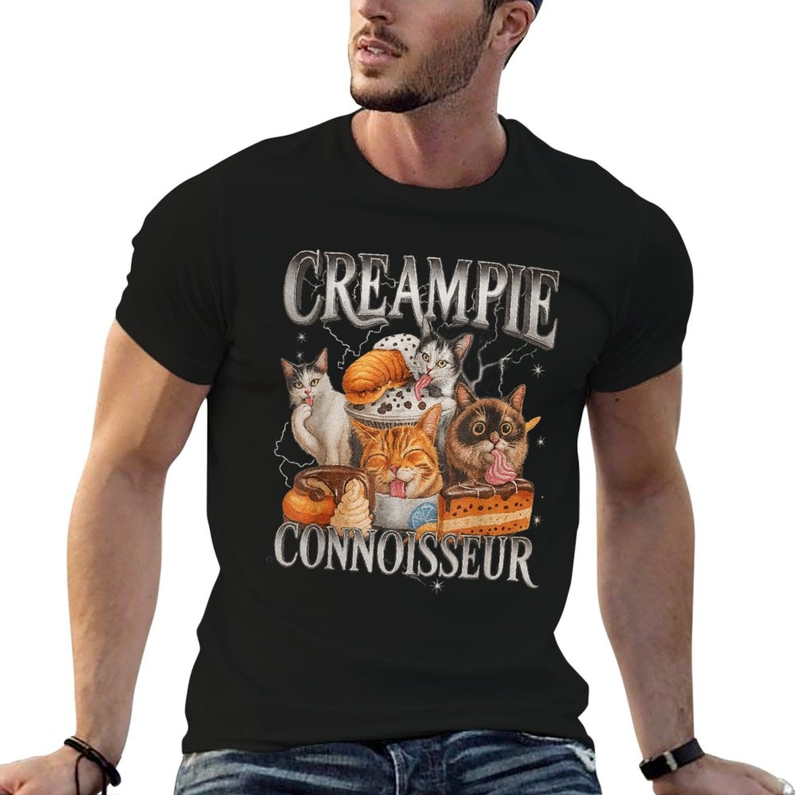 Creampie Connoisseur Raunchy Funny Cat Meme Adult Humor  Ribbed Collar T-Shirt