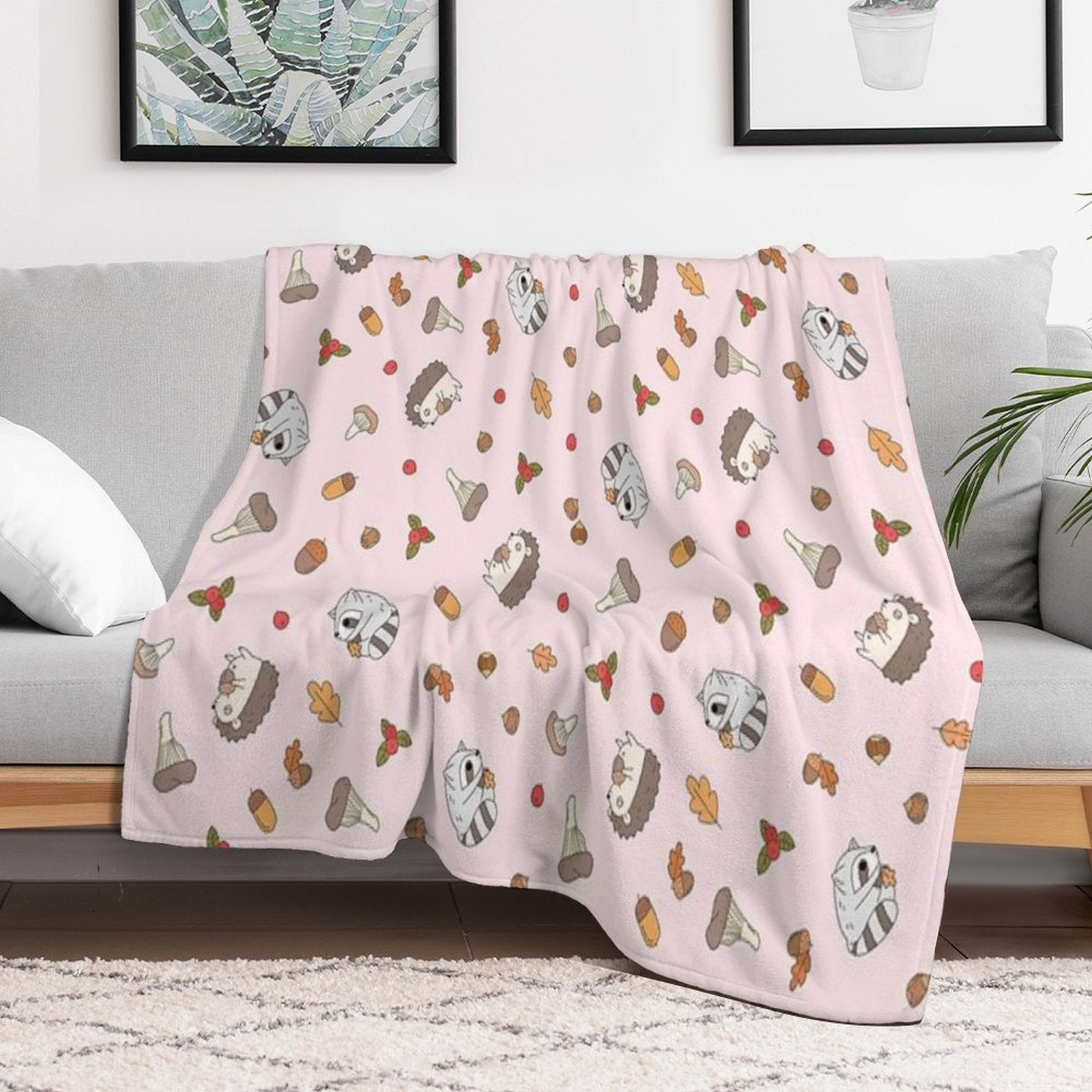 Woodland Animals Pattern, Hedgehog And Raccoon Pattern Compact Throw Blanket