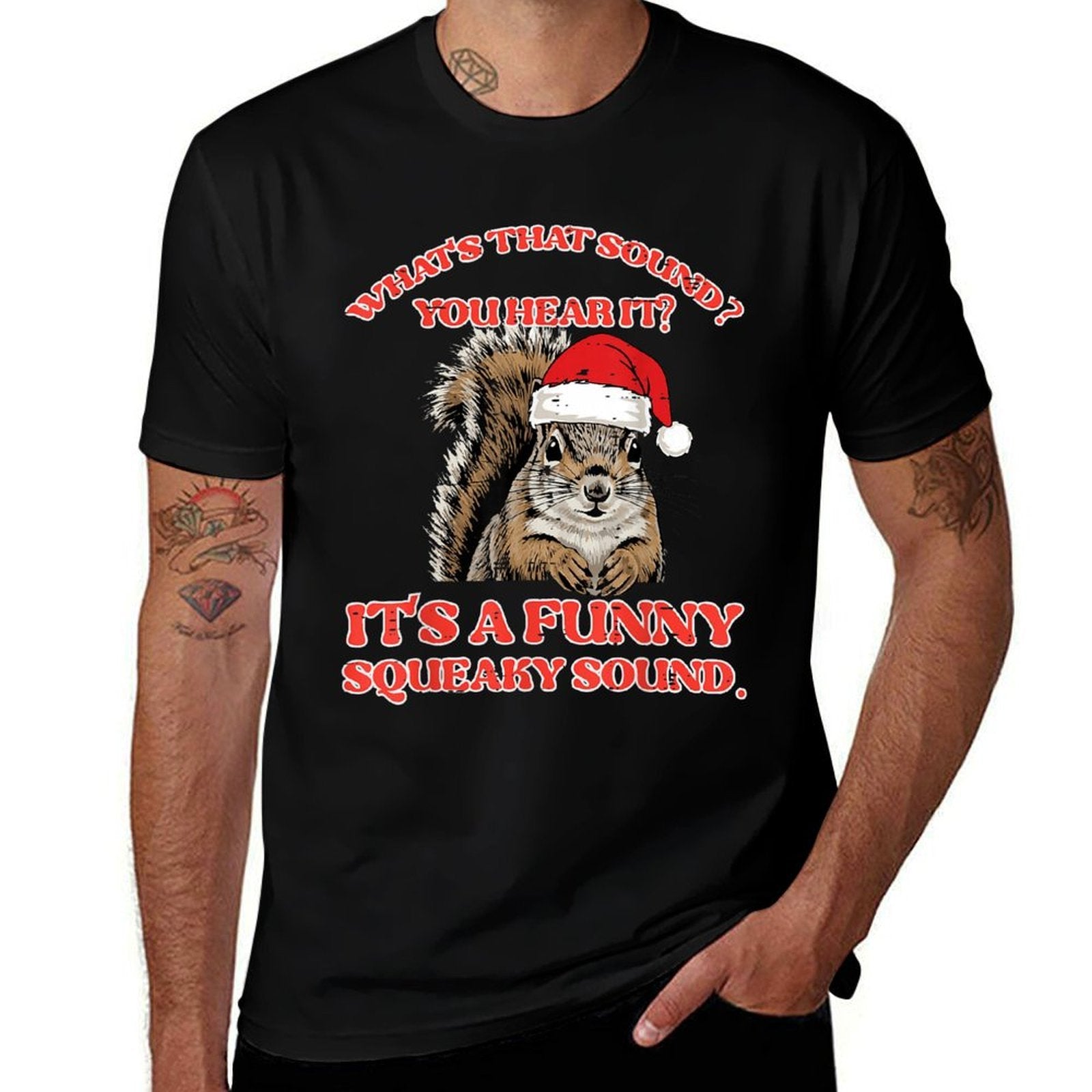 Christmas Squirrel Squeaky Sound Funny Xmas Men Women Kids  Rolled Sleeves T-Shirt