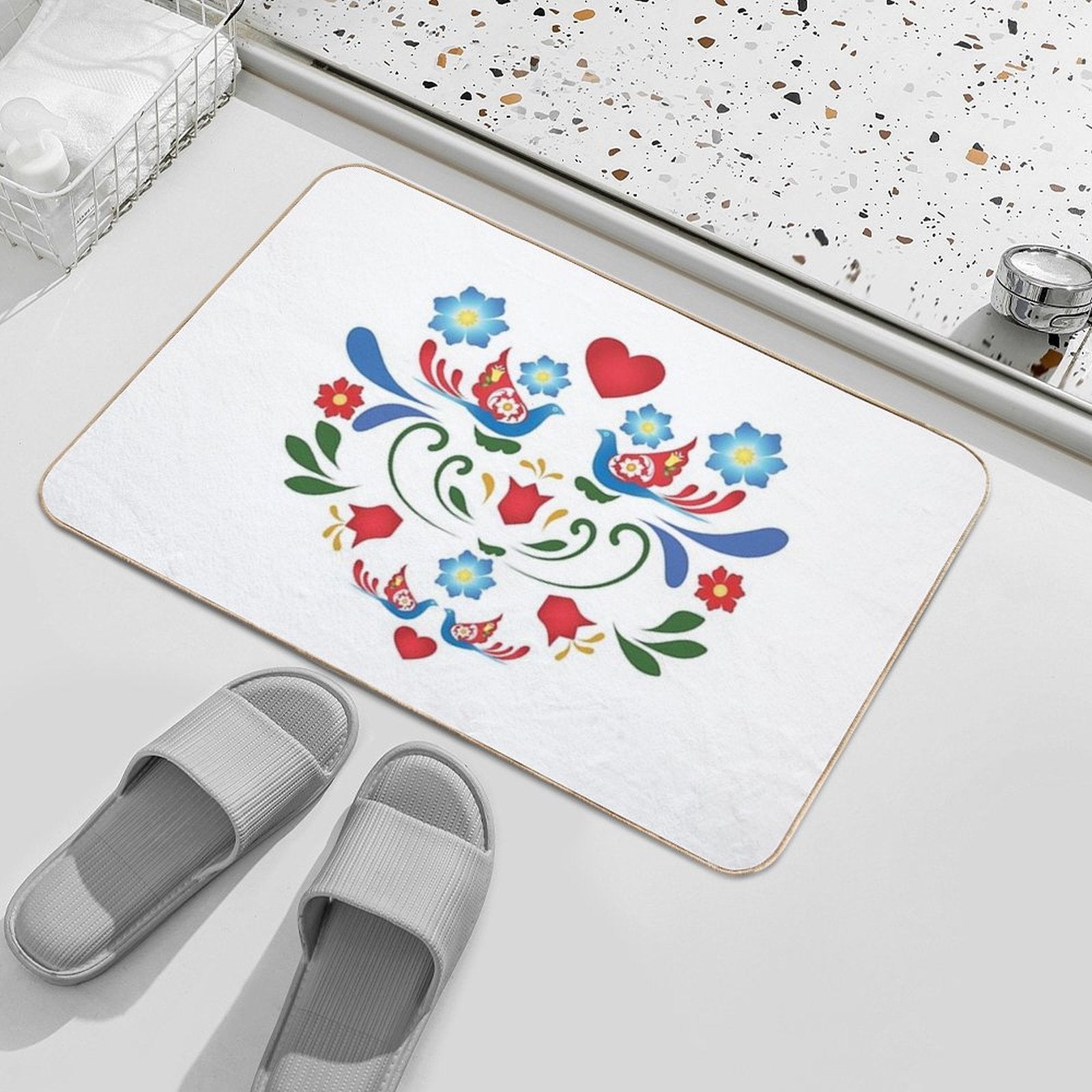 Birds And Flowers Folk-Art Design  Long-Lasting Bath Mat