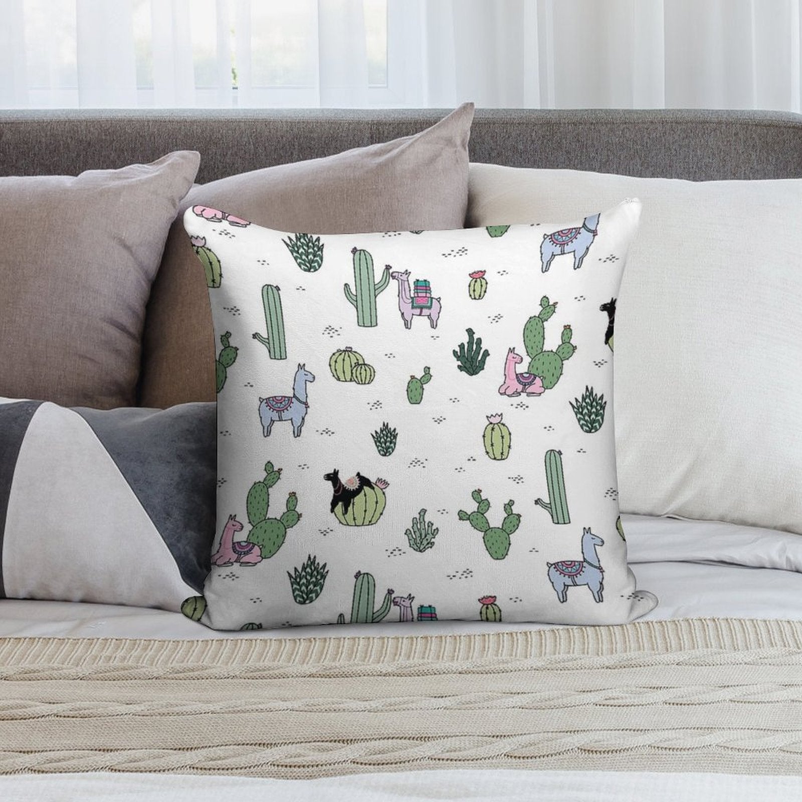 Cacti Llamas Soft Washable Throw Pillow