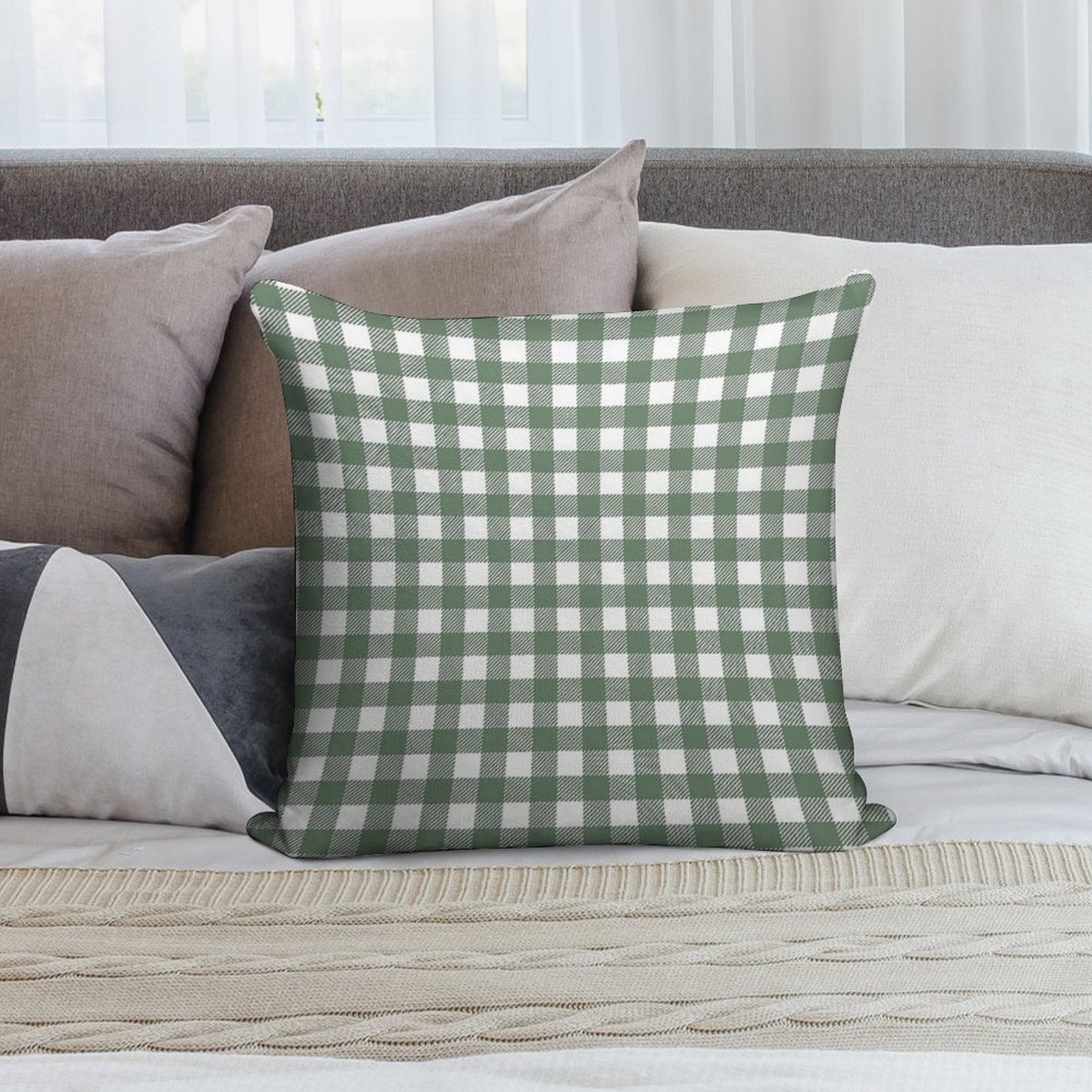 Plaid (sage Greenwhite) Soft Skin-Friendly Throw Pillow